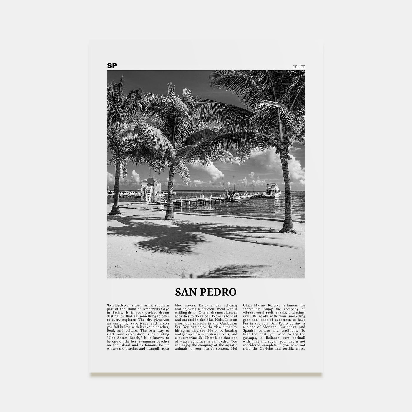 San Pedro, Belize Travel B&W Poster