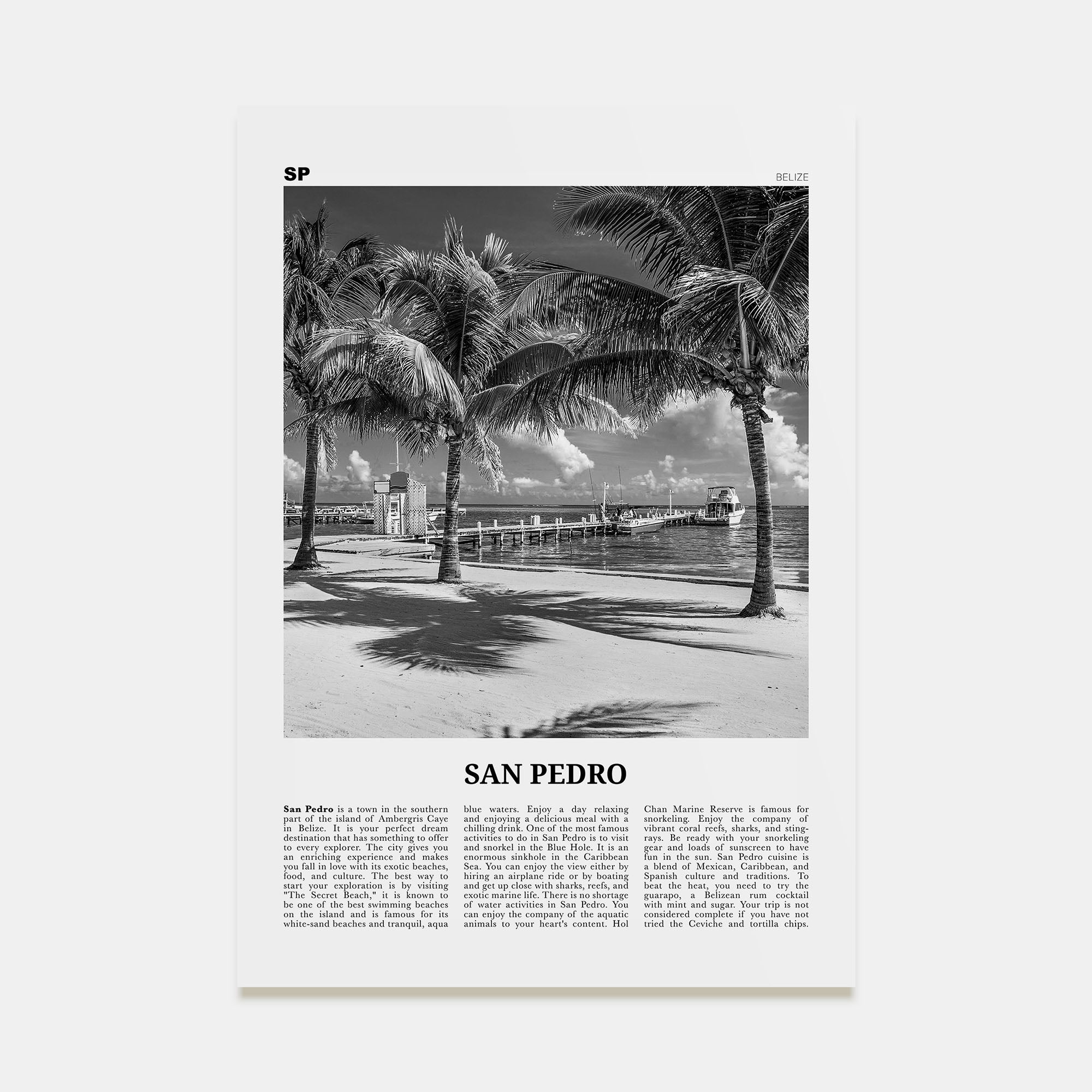 San Pedro, Belize Travel B&W Poster