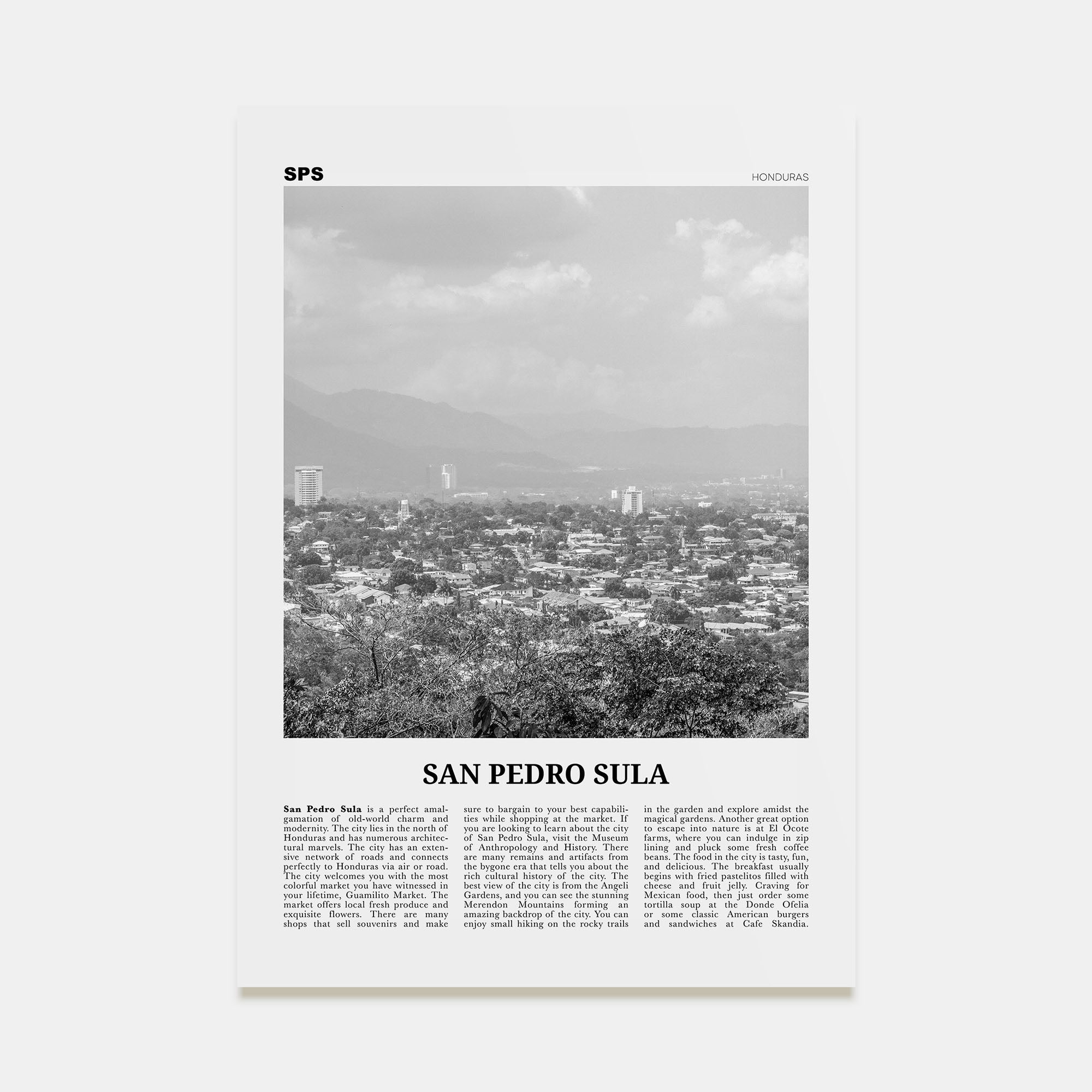 San Pedro Sula Travel B&W Poster