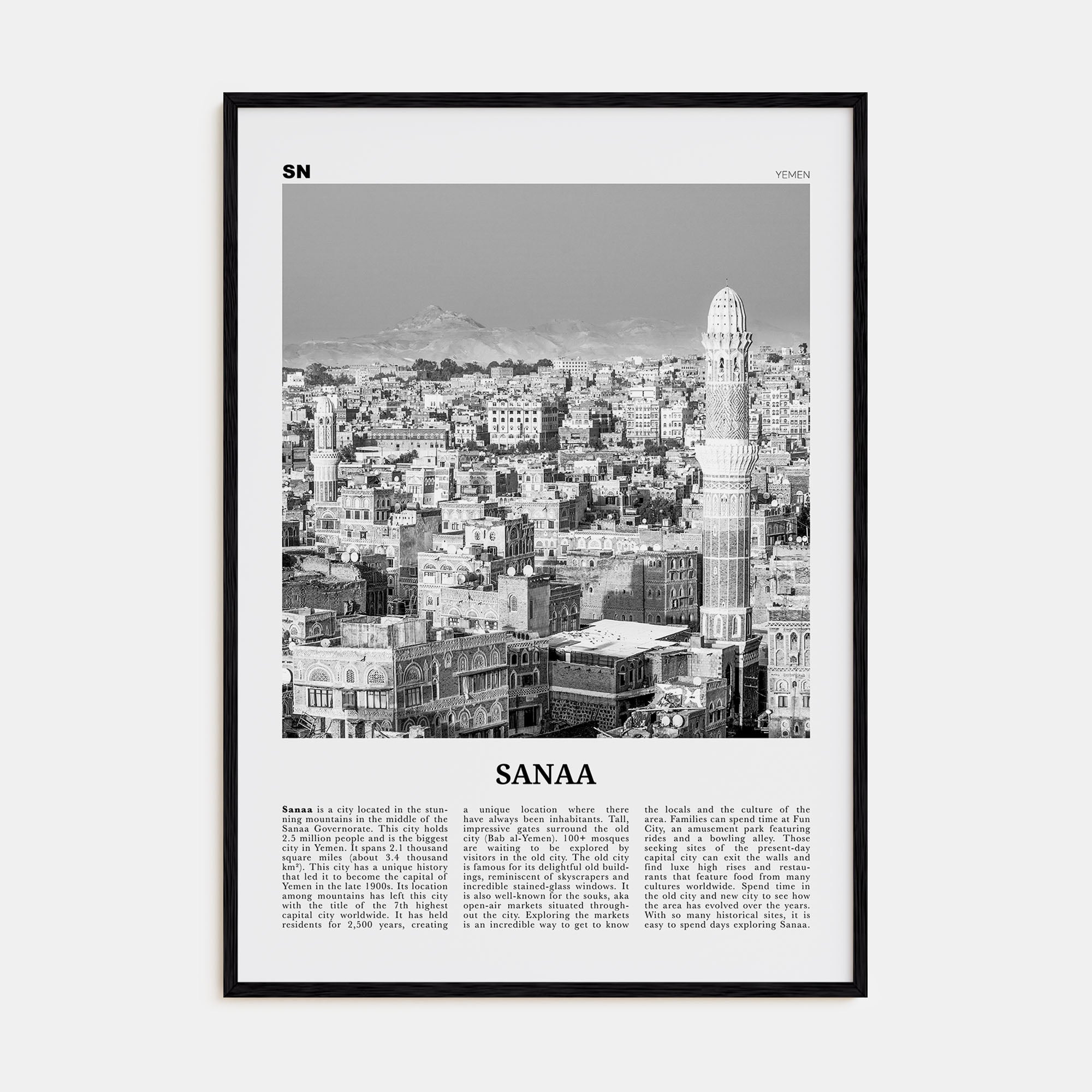 Sana'a Travel B&W Poster
