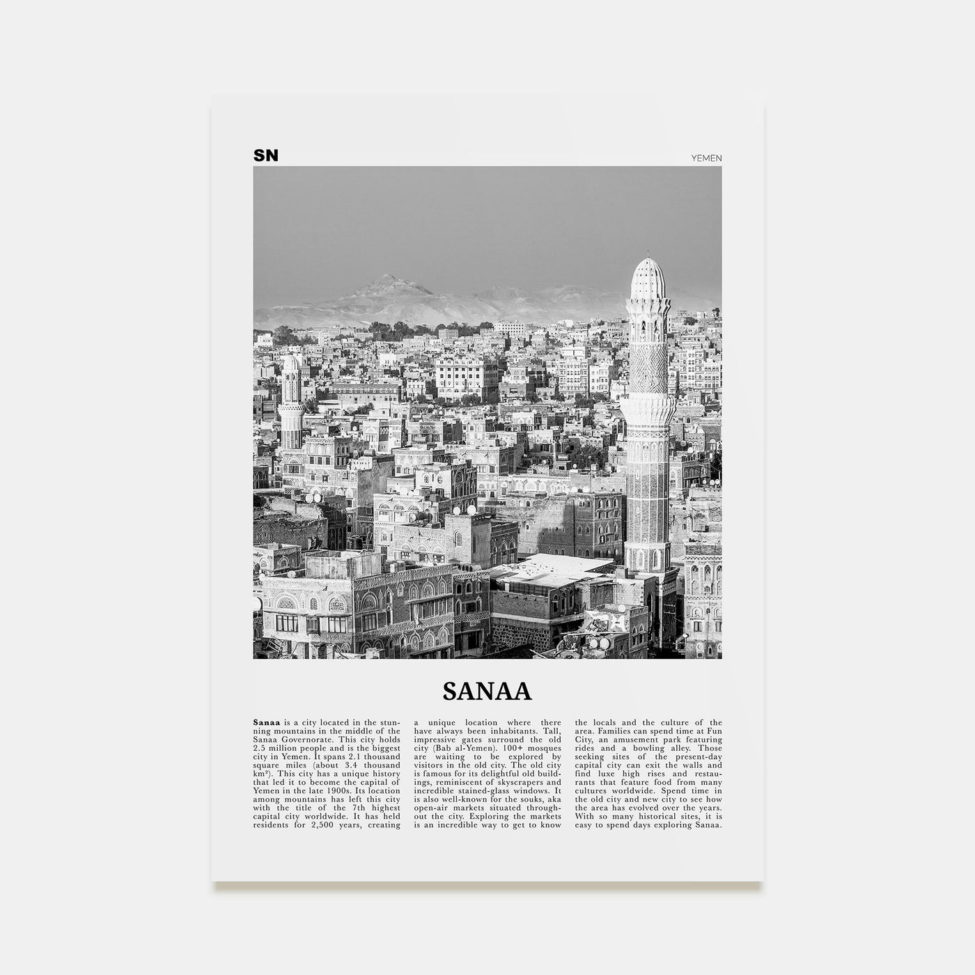 Sana'a Travel B&W Poster