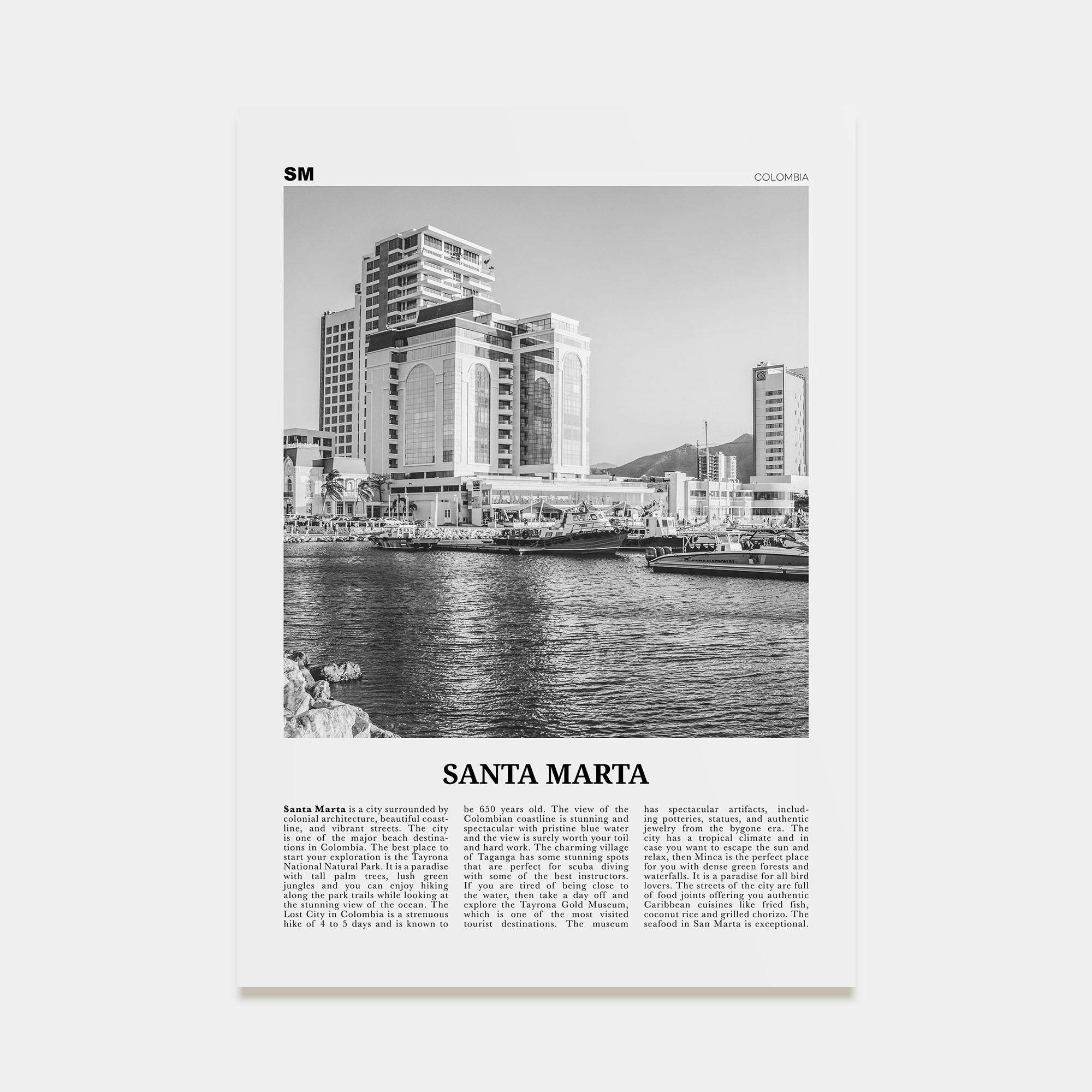 Santa Marta Travel B&W Poster