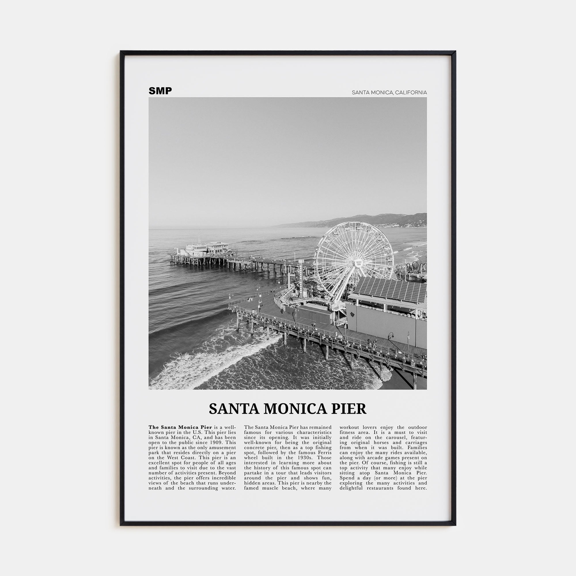Santa Monica Pier Travel B&W Poster
