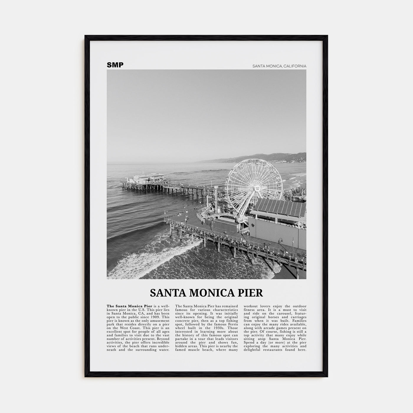 Santa Monica Pier Travel B&W Poster