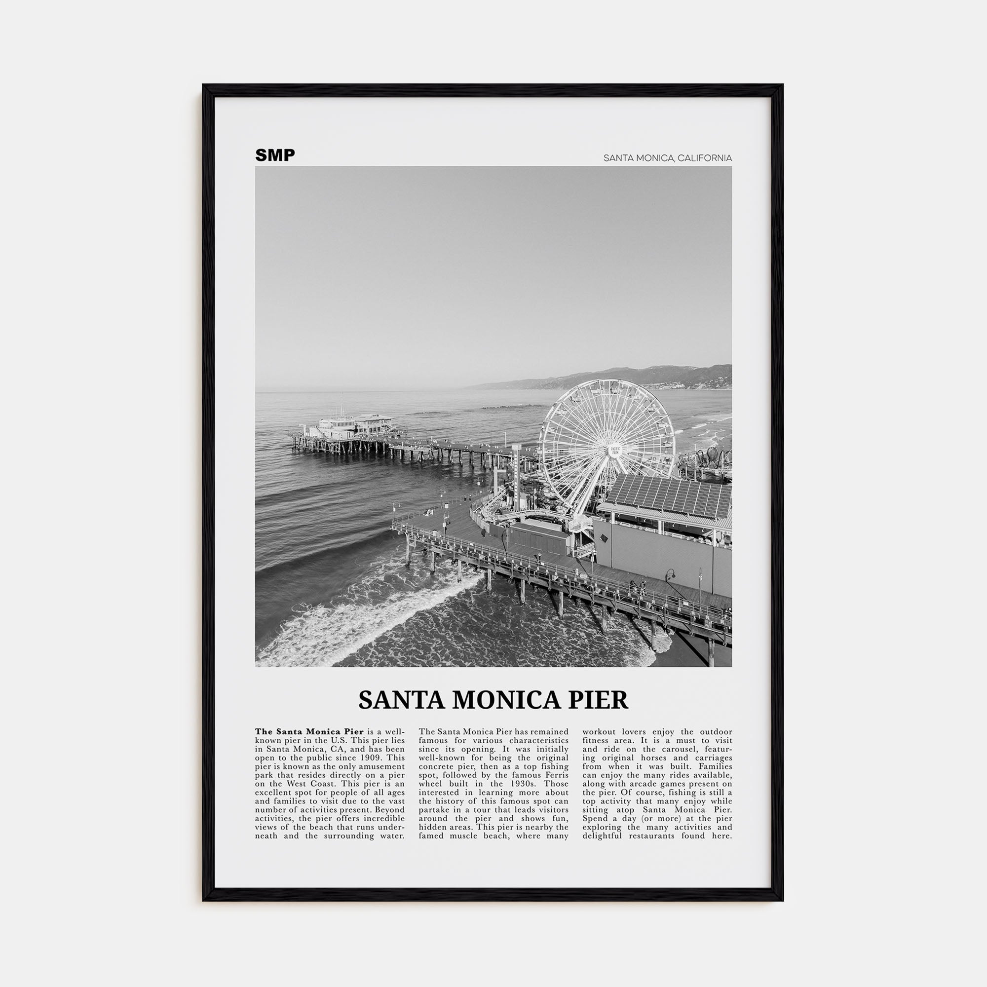 Santa Monica Pier Travel B&W Poster