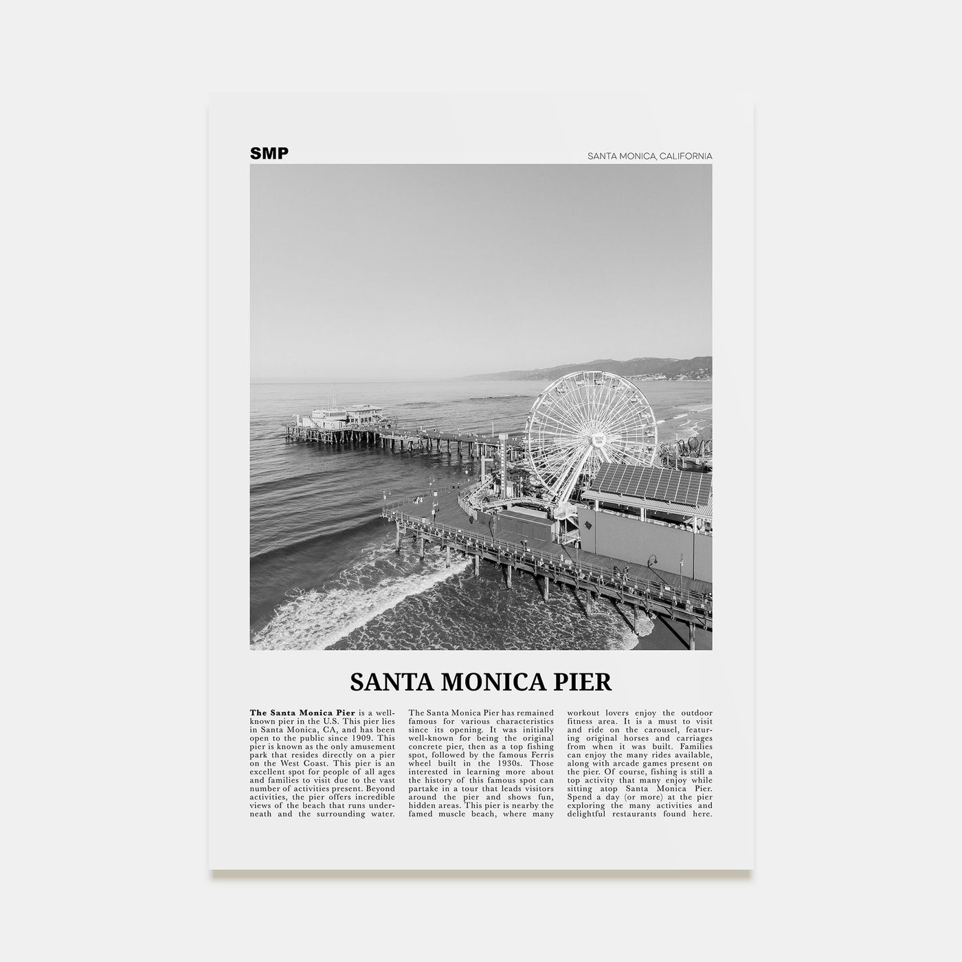 Santa Monica Pier Travel B&W Poster