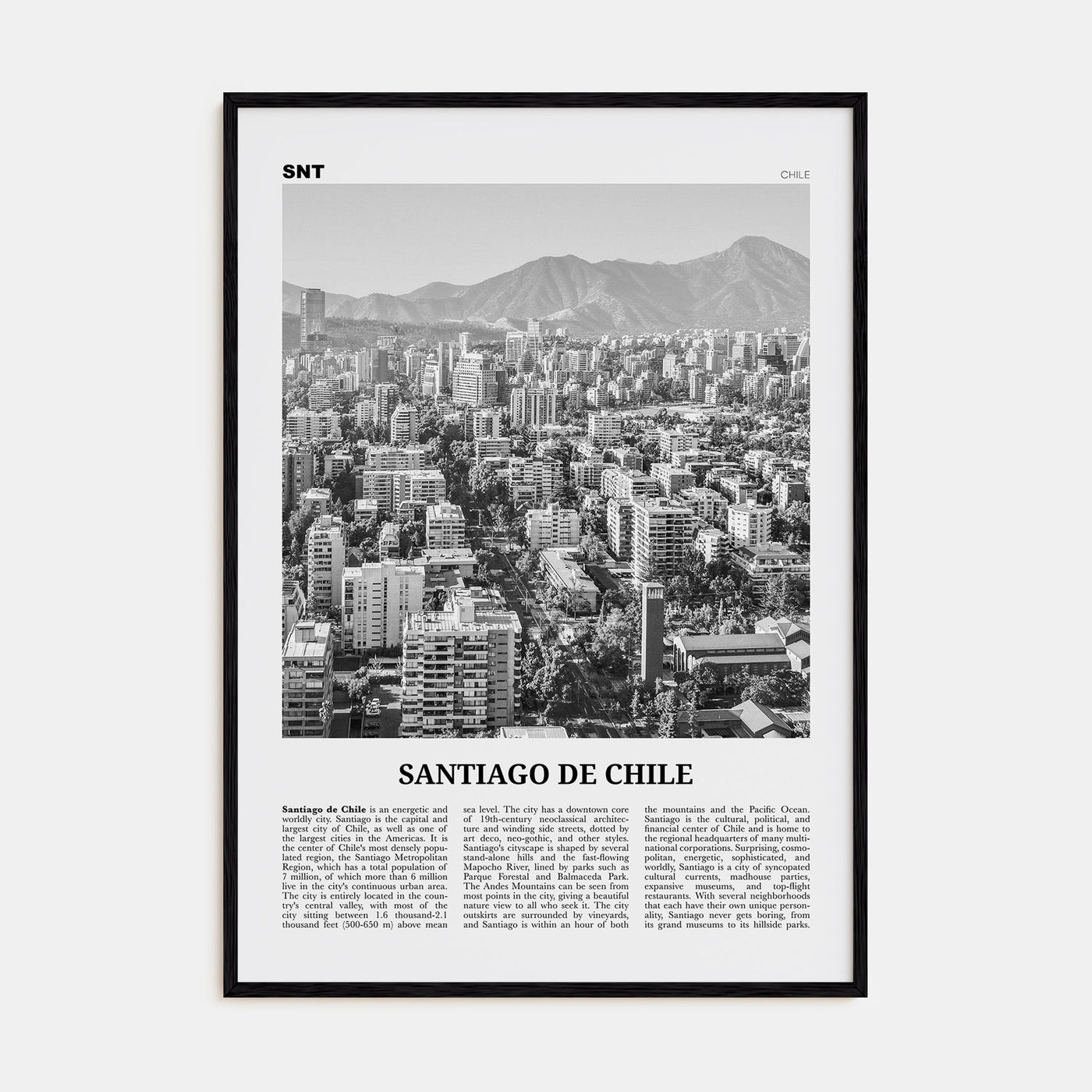 Santiago de Chile Travel B&W Poster