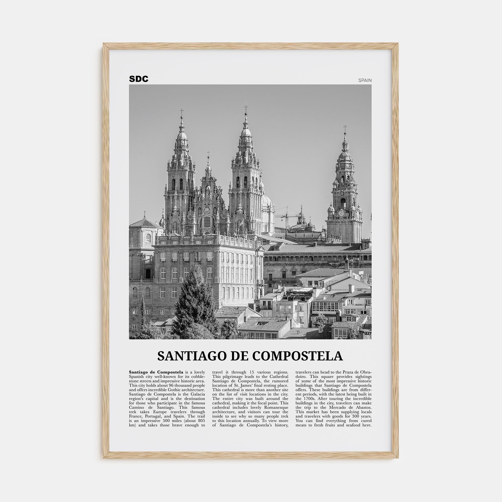 Santiago de Compostela Travel B&W Poster