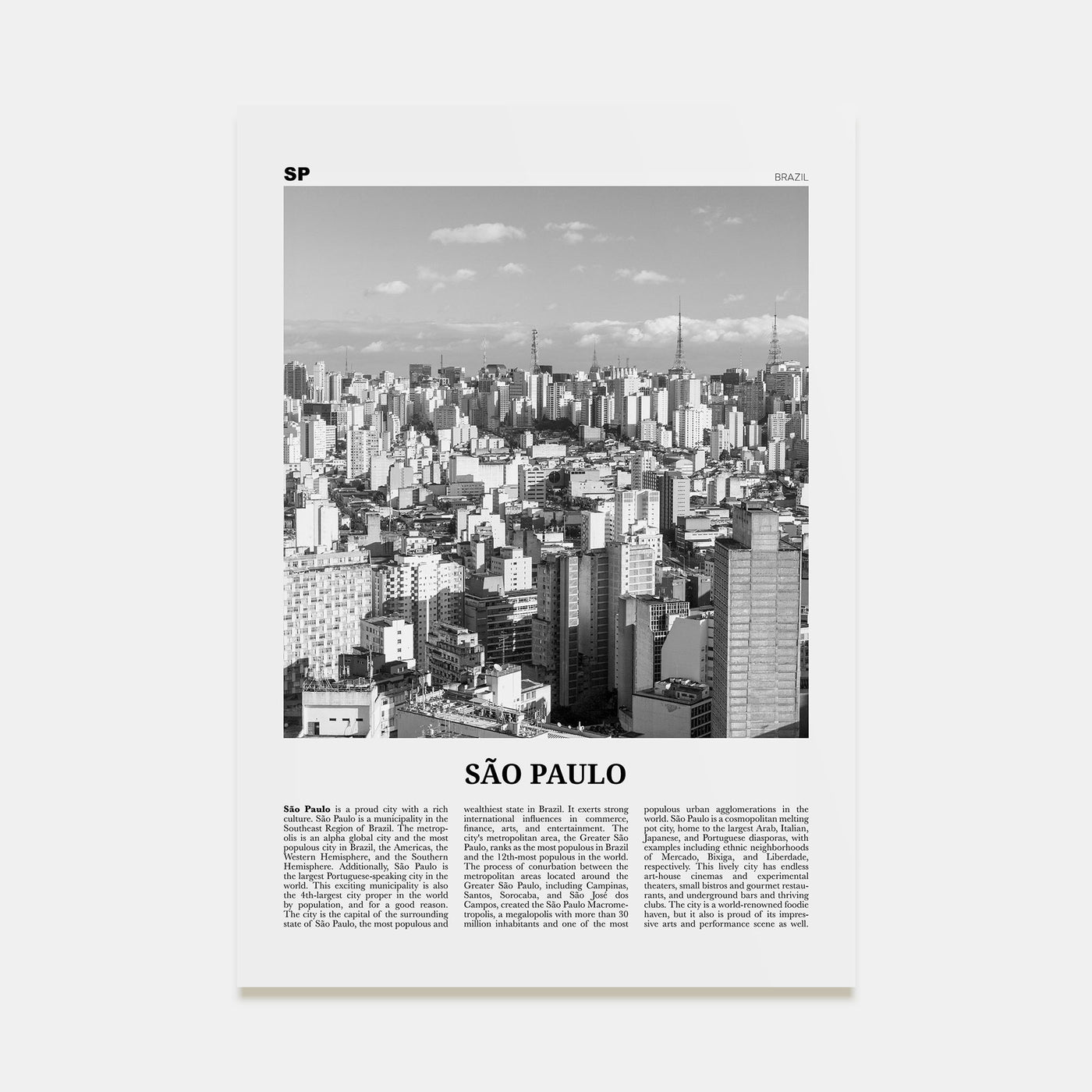 São Paulo Travel B&W No 1 Poster