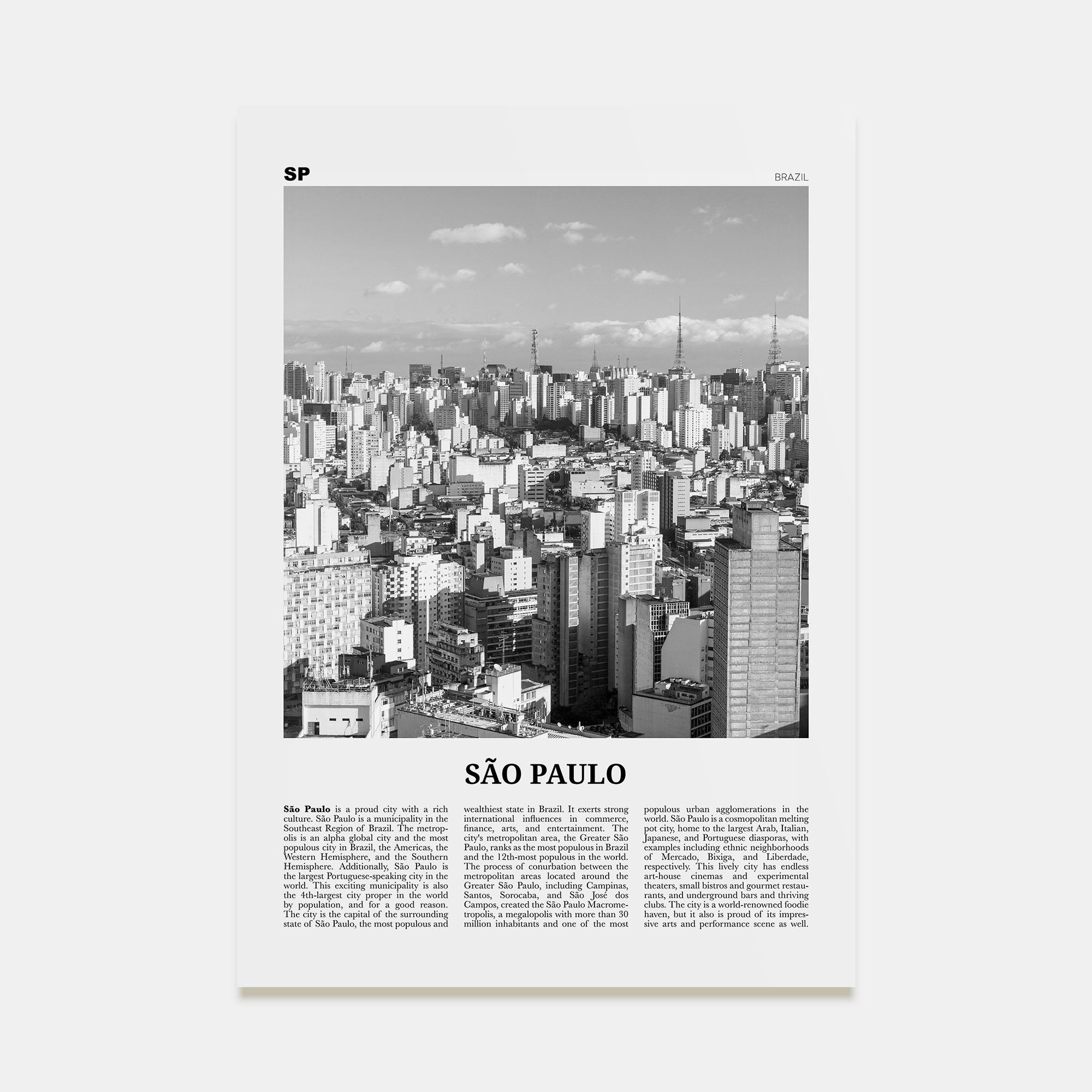São Paulo Travel B&W No 1 Poster