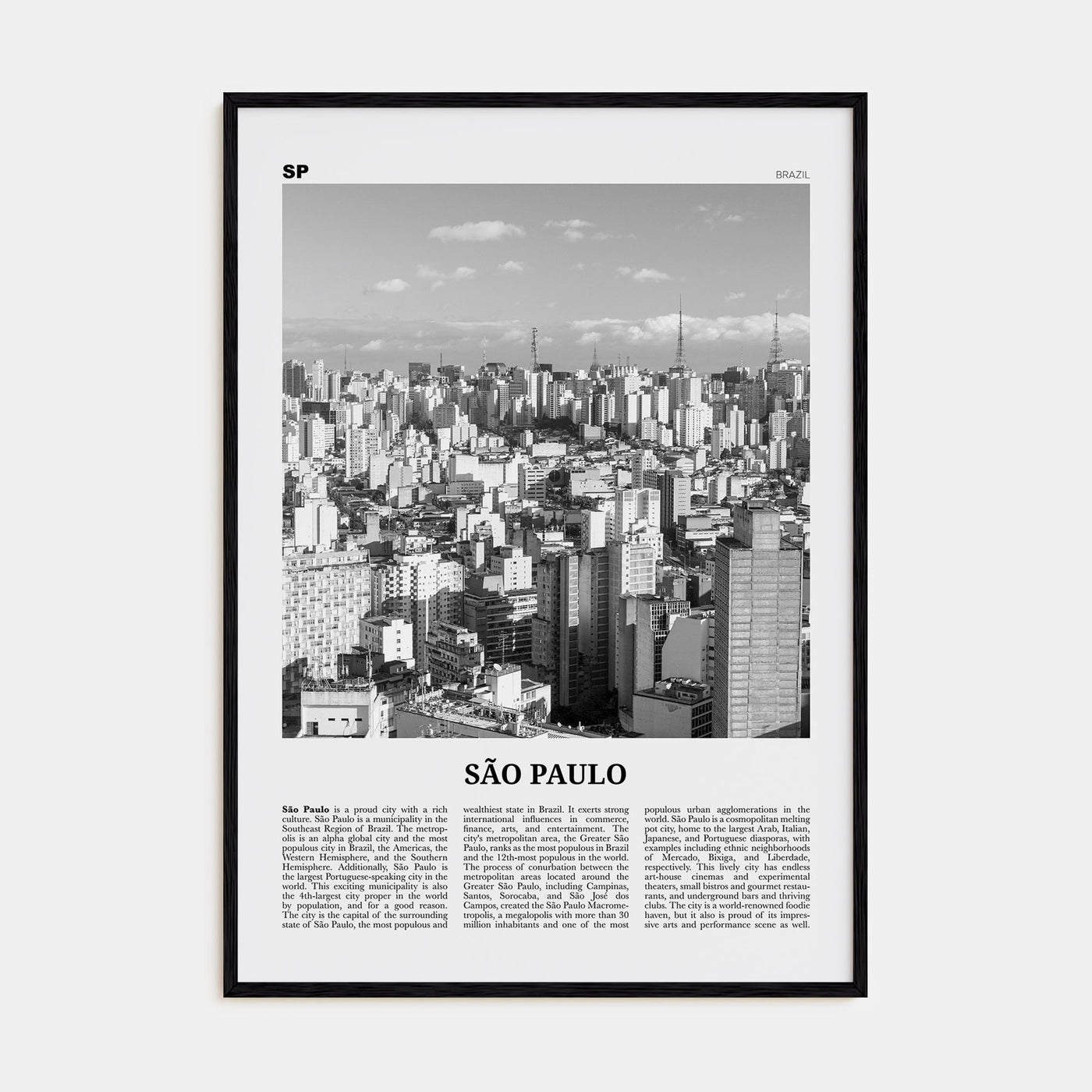São Paulo Travel B&W No 1 Poster