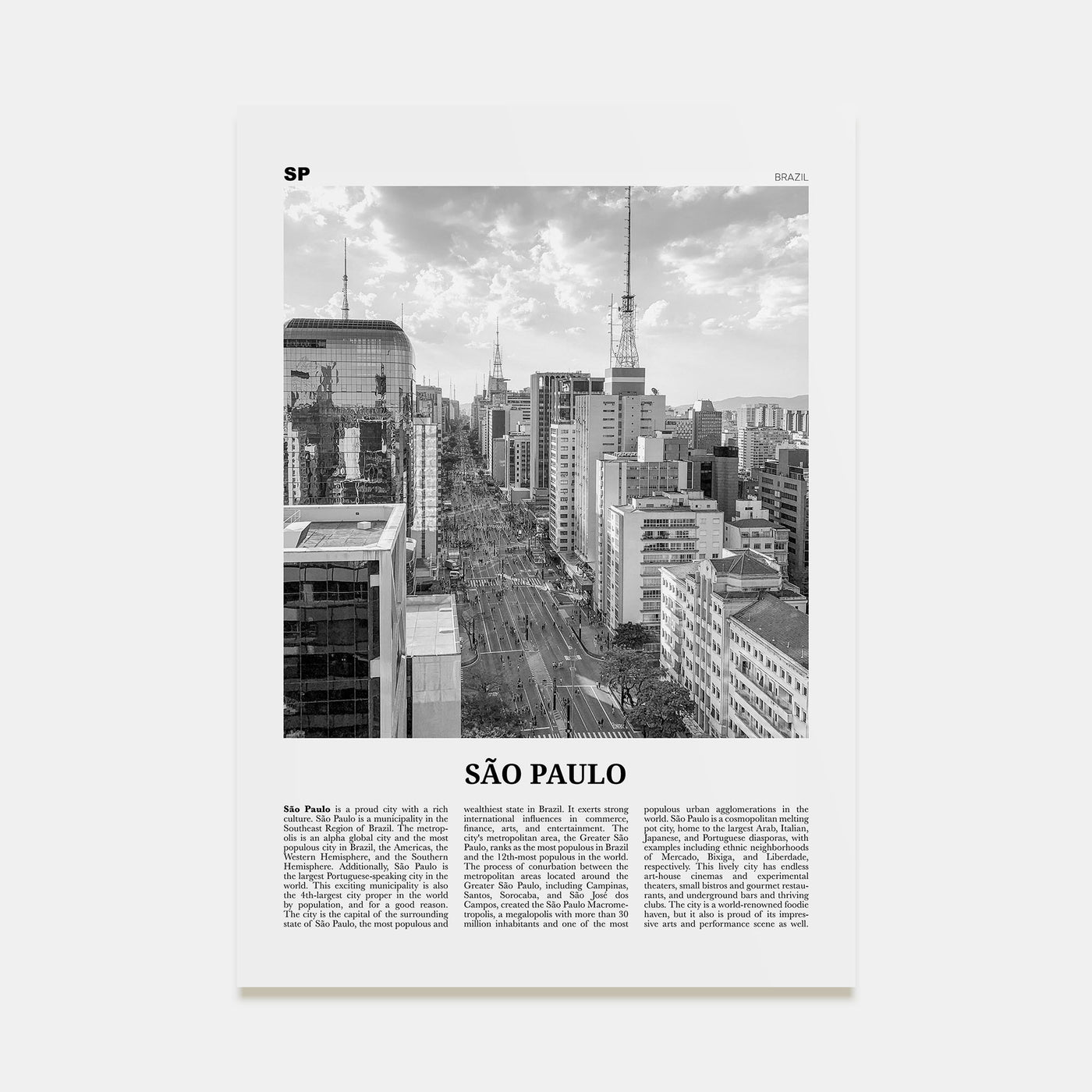 São Paulo Travel B&W No 2 Poster