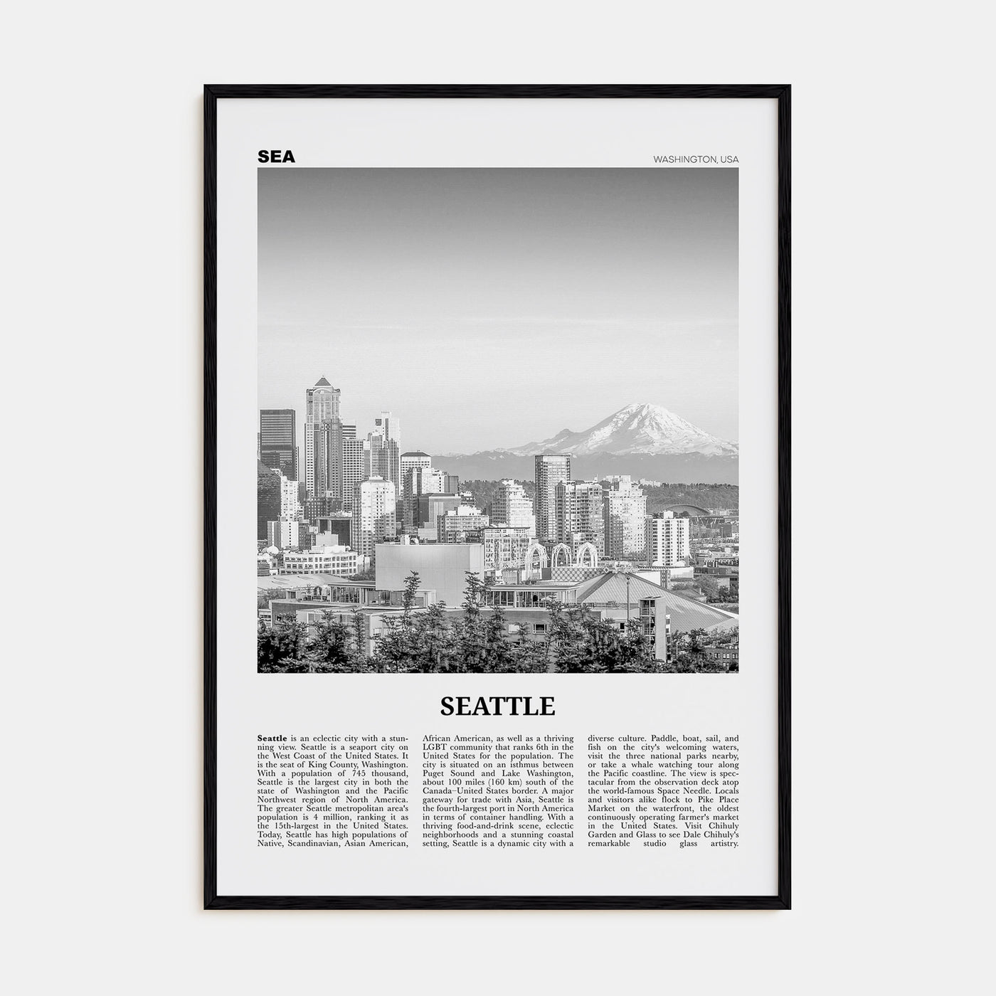 Seattle Travel B&W No 1 Poster