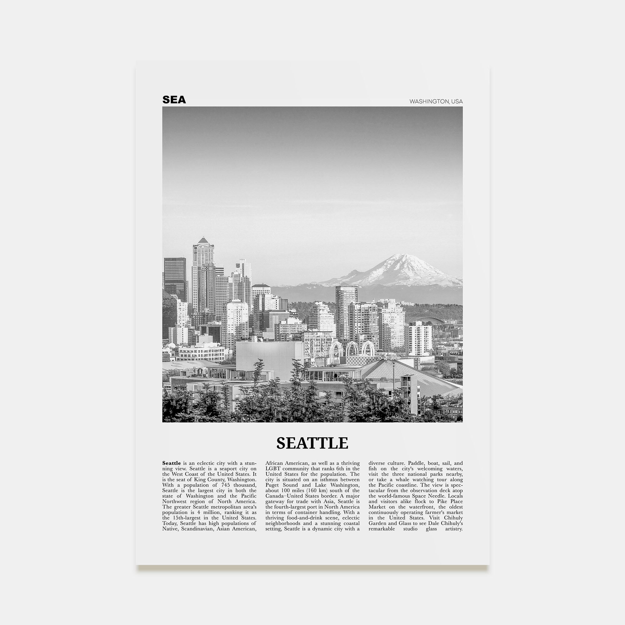 Seattle Travel B&W No 1 Poster