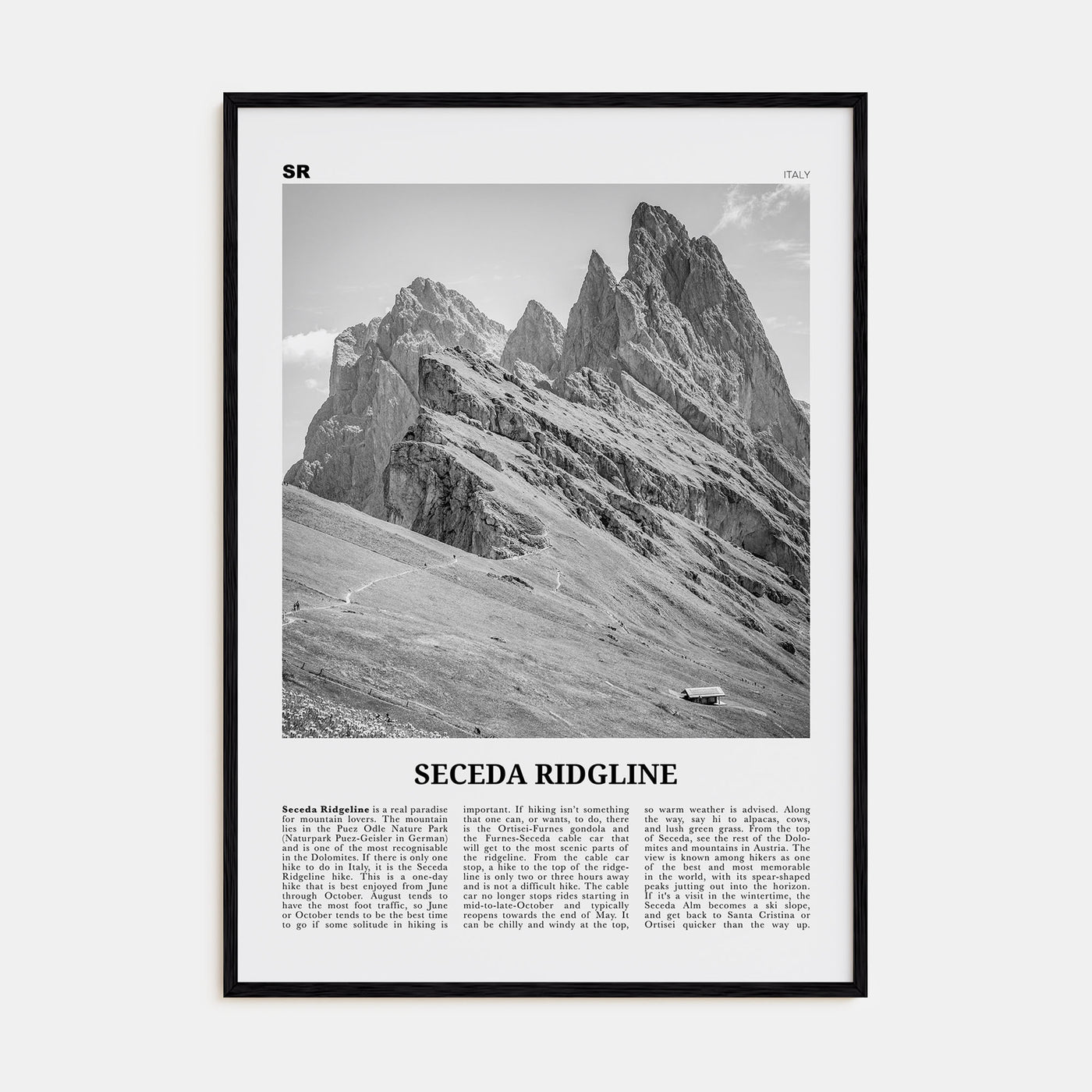 Seceda Ridgeline Travel B&W Poster