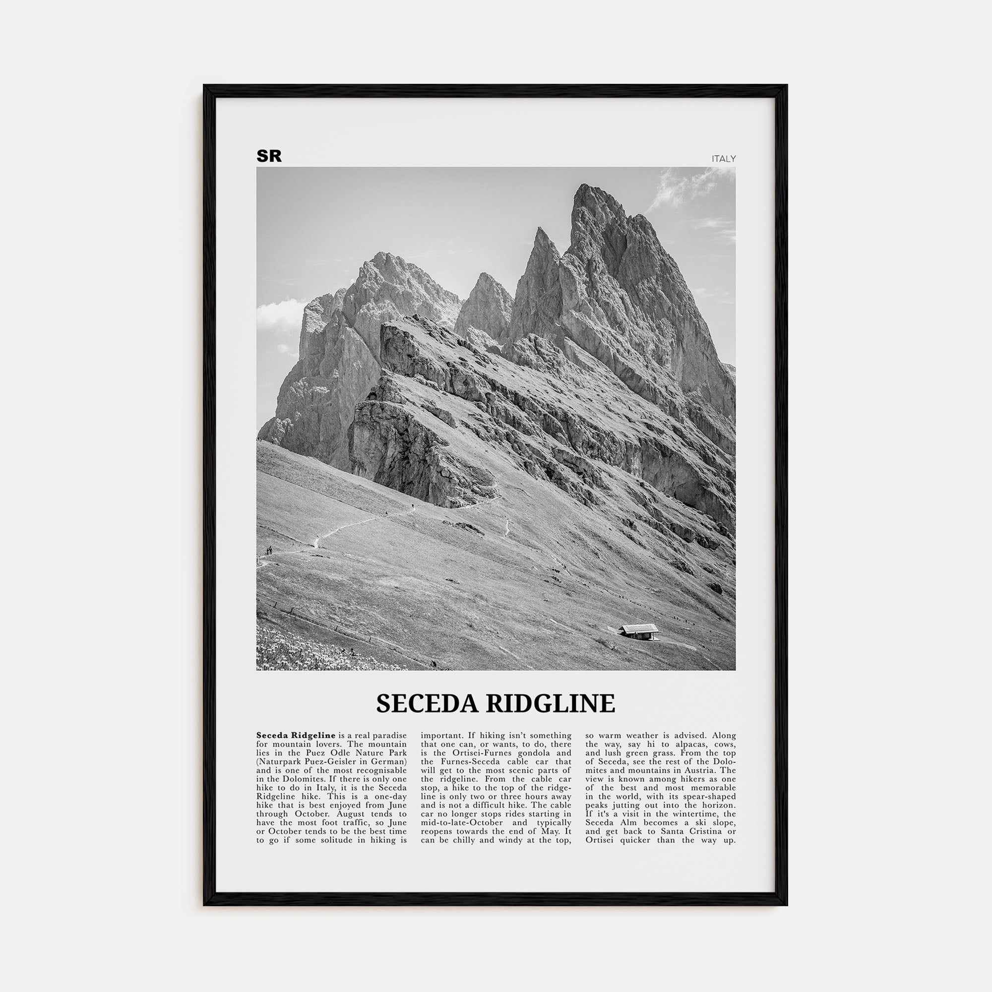 Seceda Ridgeline Travel B&W Poster