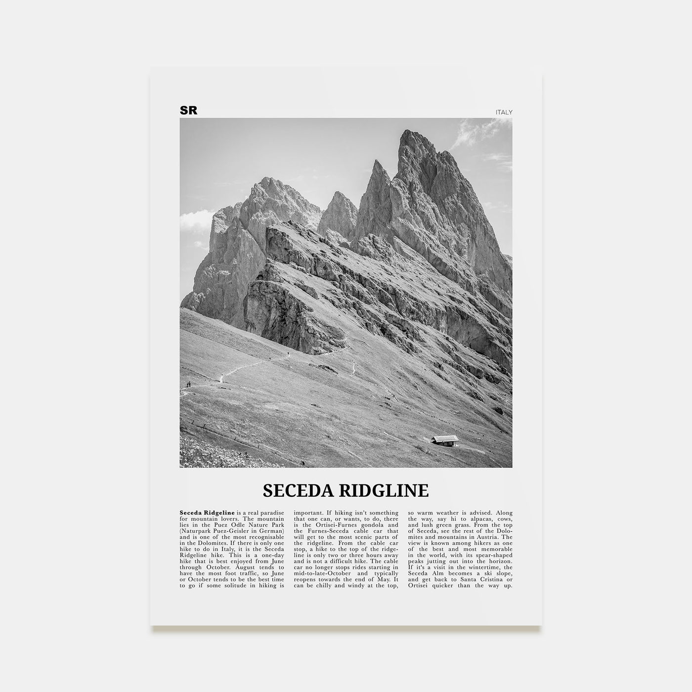 Seceda Ridgeline Travel B&W Poster