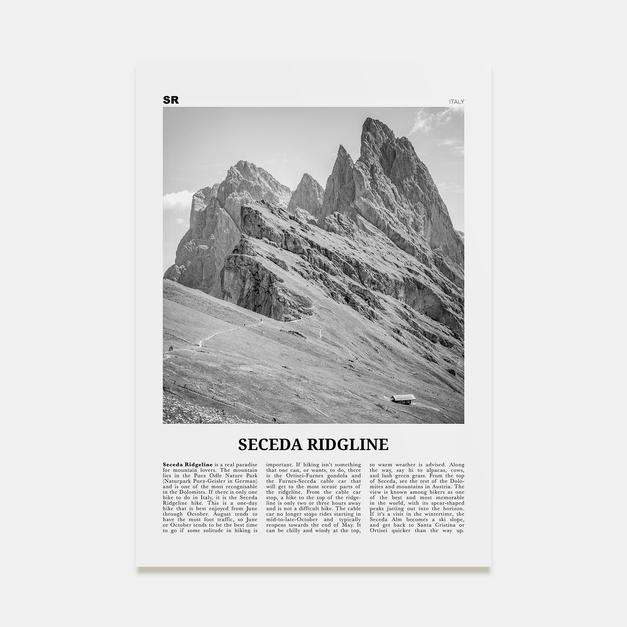 Seceda Ridgeline Travel B&W Poster
