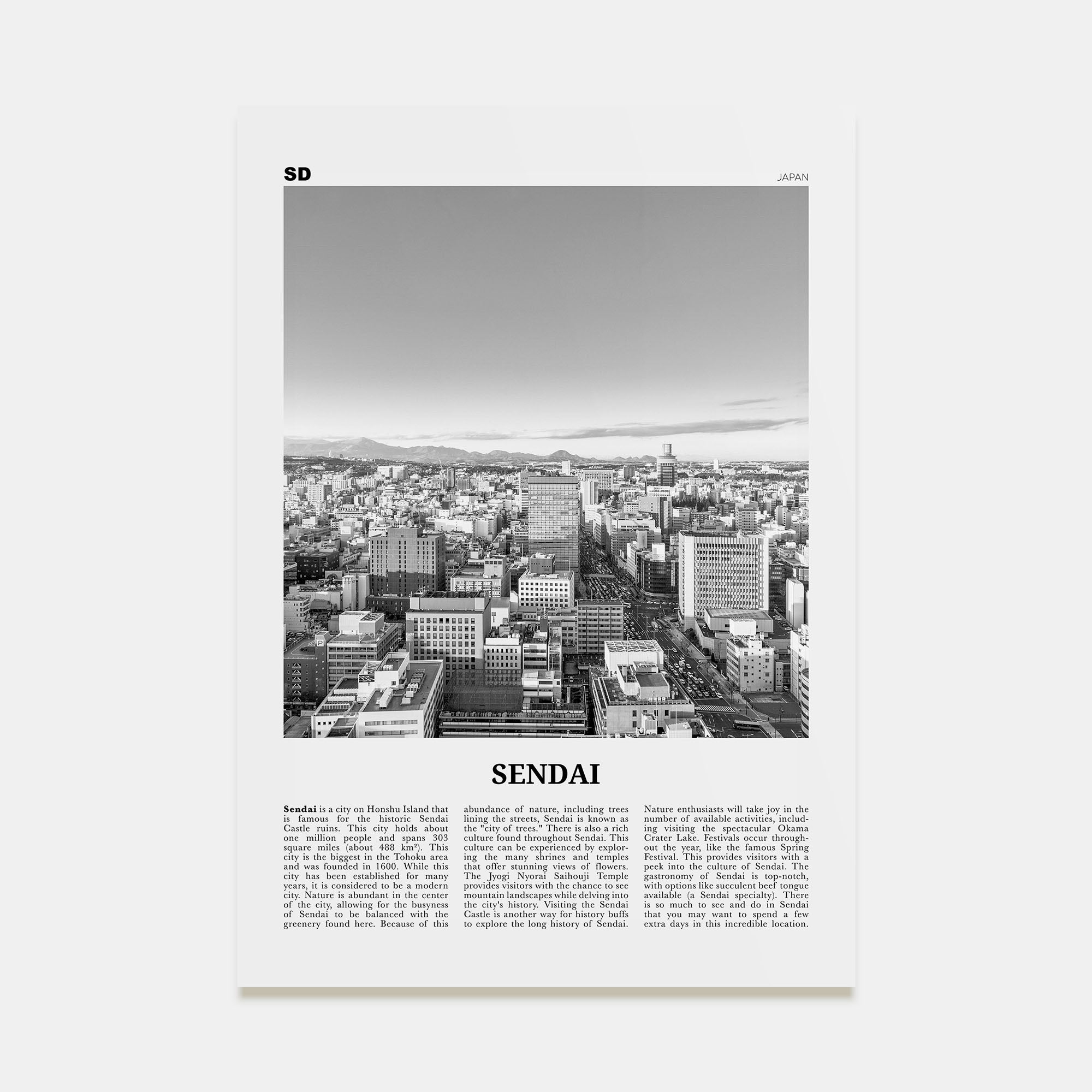 Sendai Travel B&W Poster