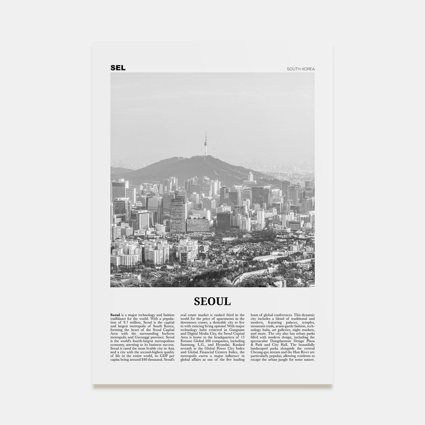 Seoul Travel B&W No 2 Poster