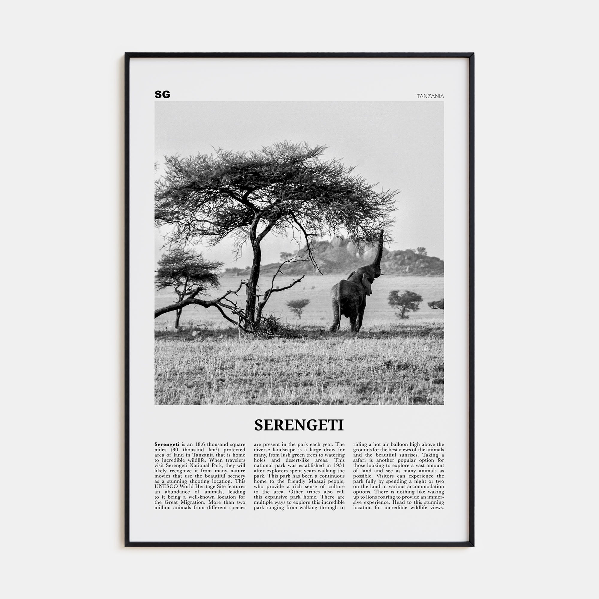 Serengeti National Park Travel B&W Poster
