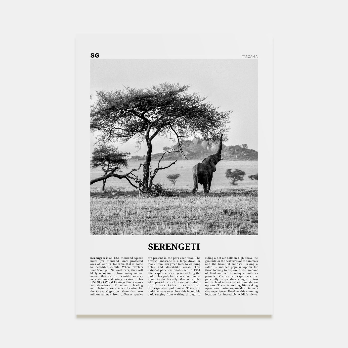 Serengeti National Park Travel B&W Poster