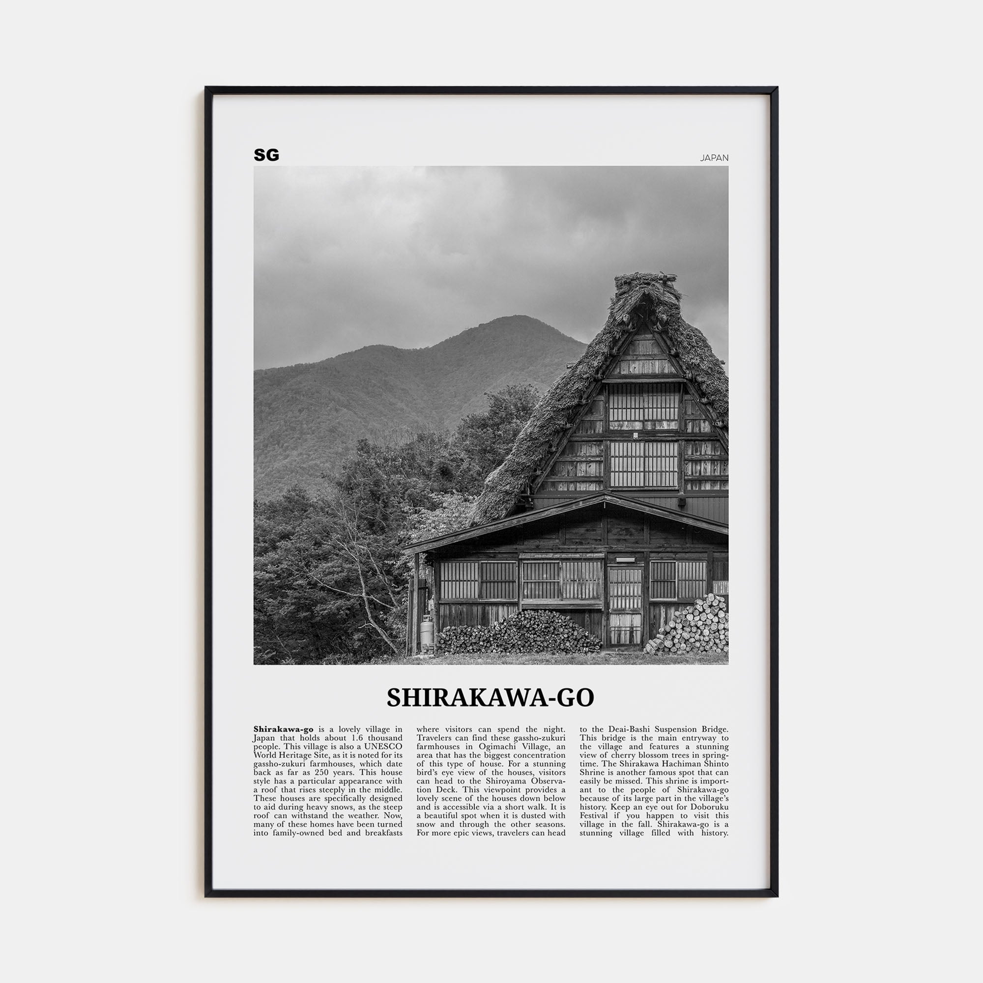 Shirakawa-go Travel B&W Poster