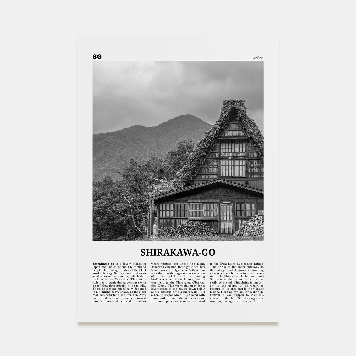 Shirakawa-go Travel B&W Poster