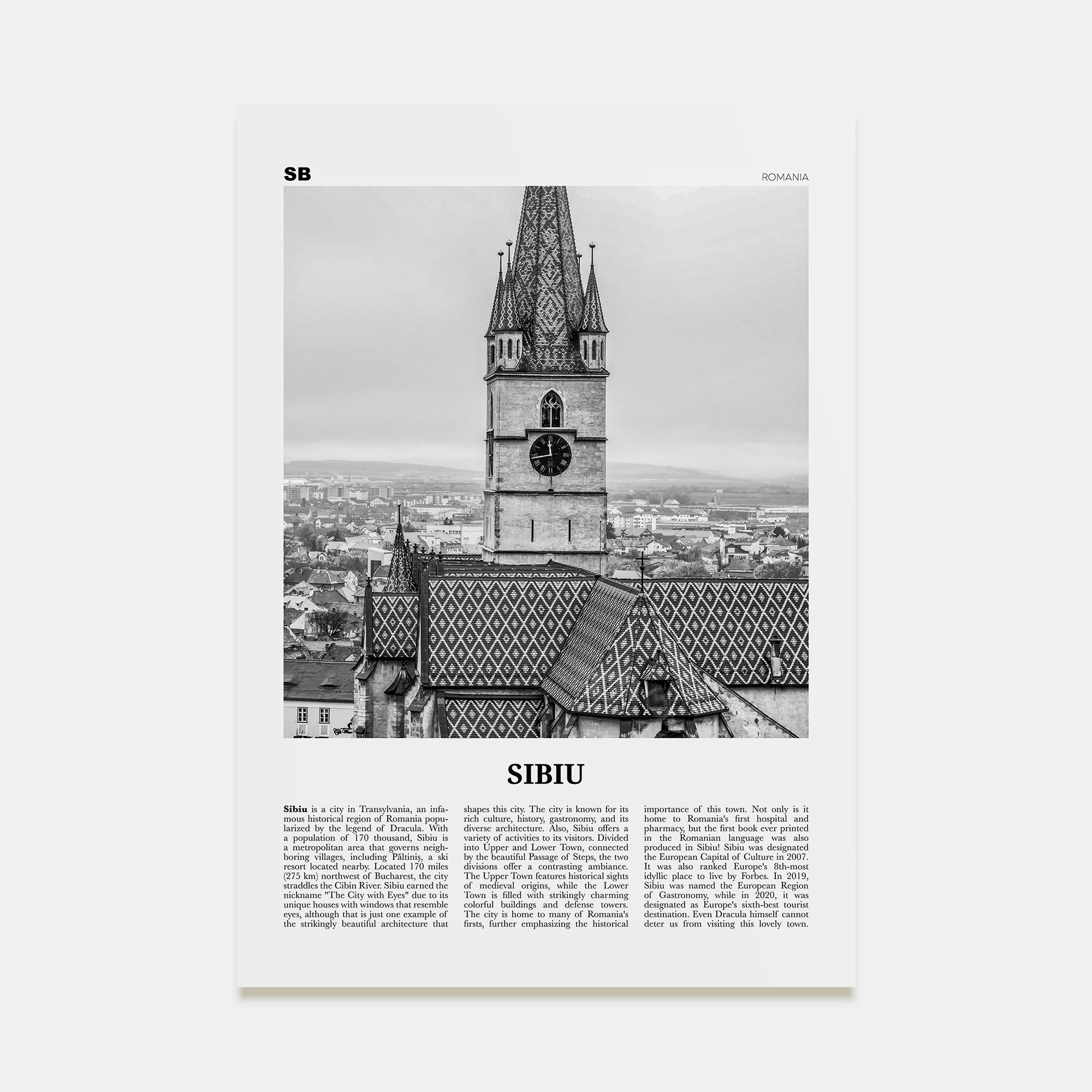 Sibiu Travel B&W Poster