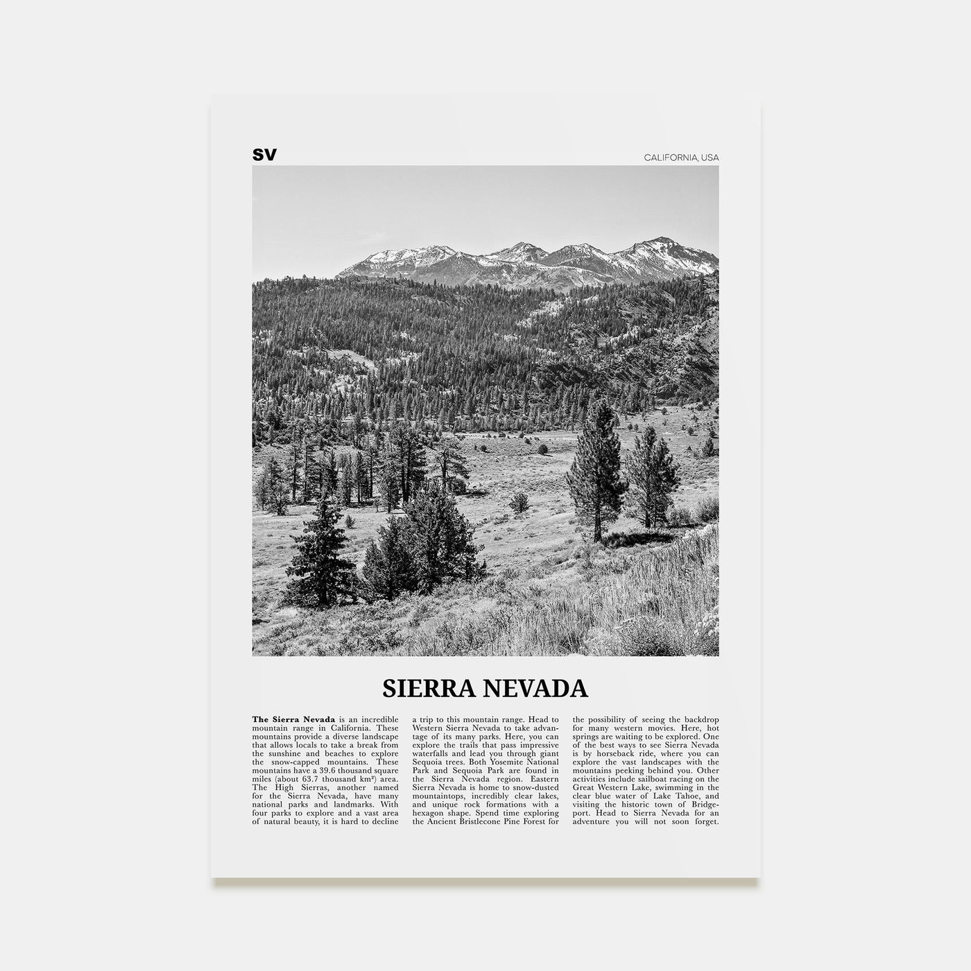 Sierra Nevada Travel B&W Poster