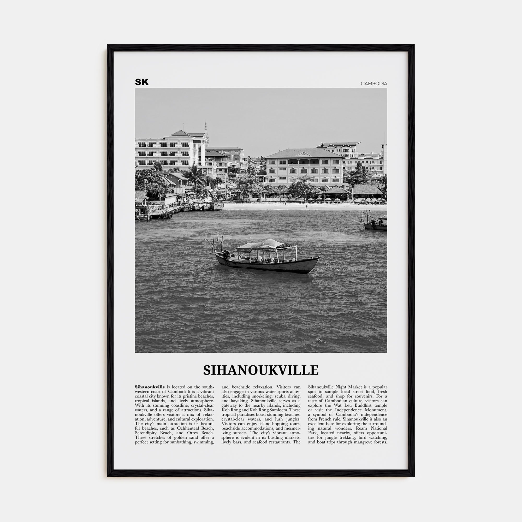 Sihanoukville Travel B&W Poster
