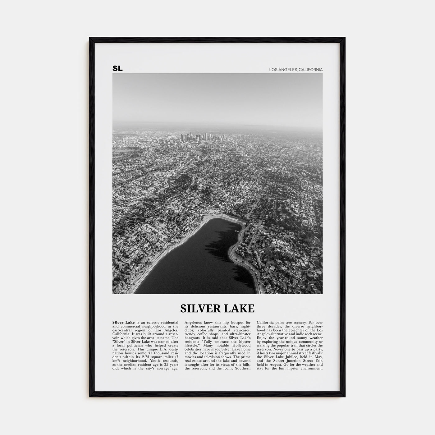 Silver Lake, Los Angeles Travel B&W Poster