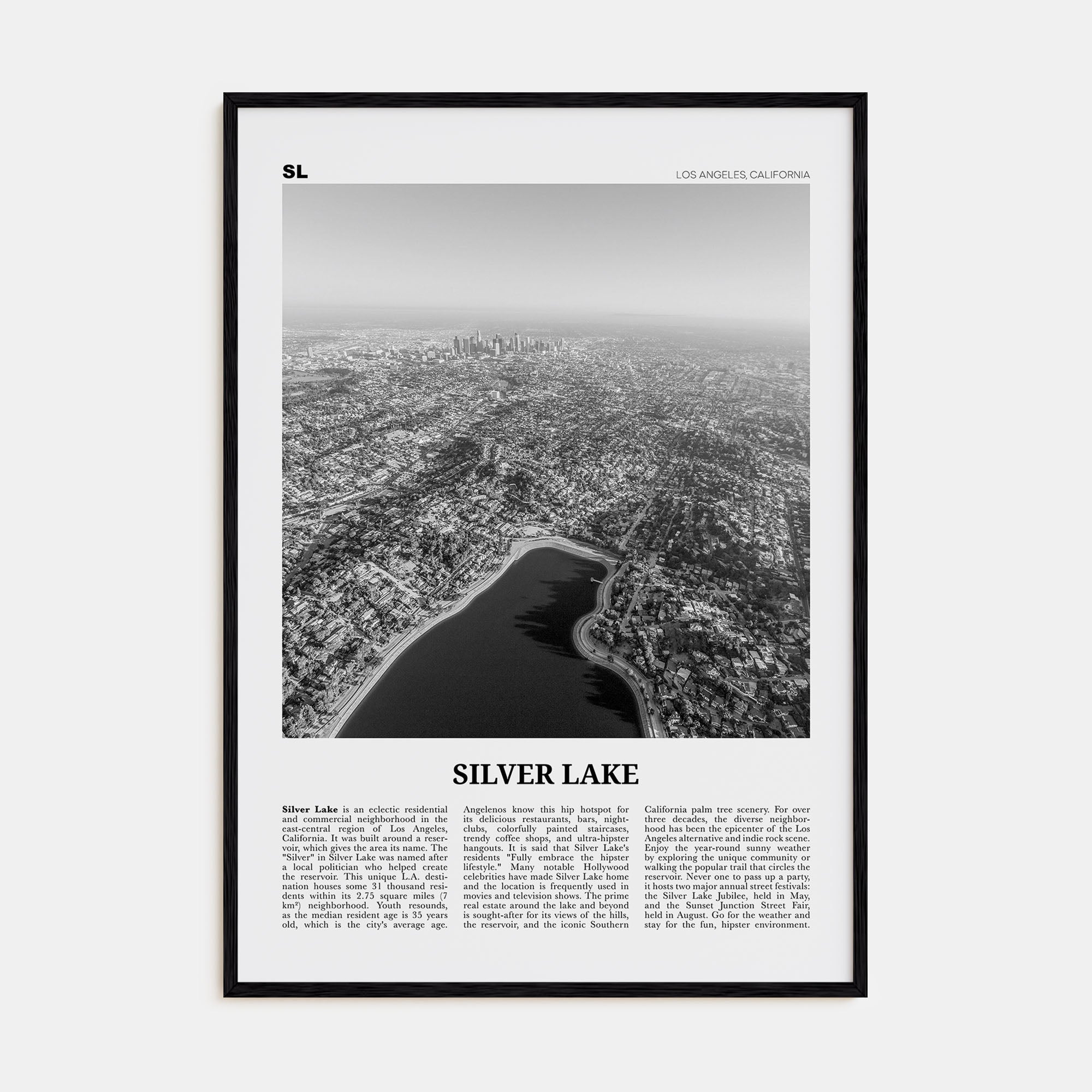 Silver Lake, Los Angeles Travel B&W Poster