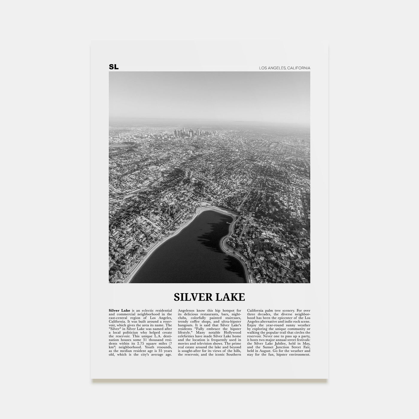 Silver Lake, Los Angeles Travel B&W Poster