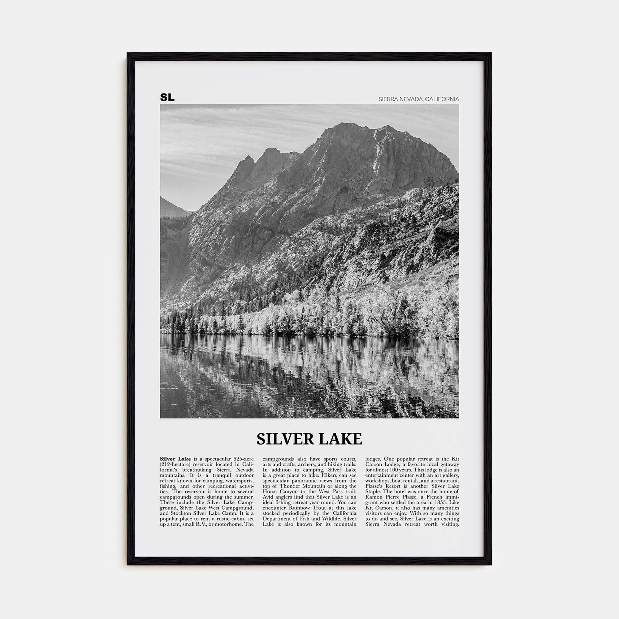 Silver Lake, Sierra Nevada Travel B&W Poster