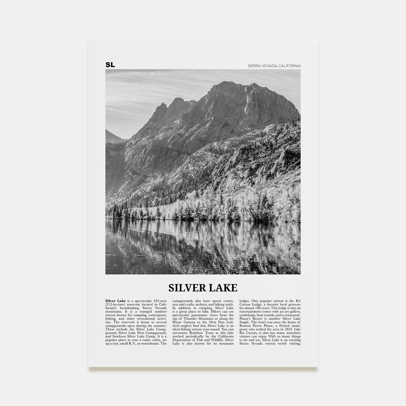 Silver Lake, Sierra Nevada Travel B&W Poster