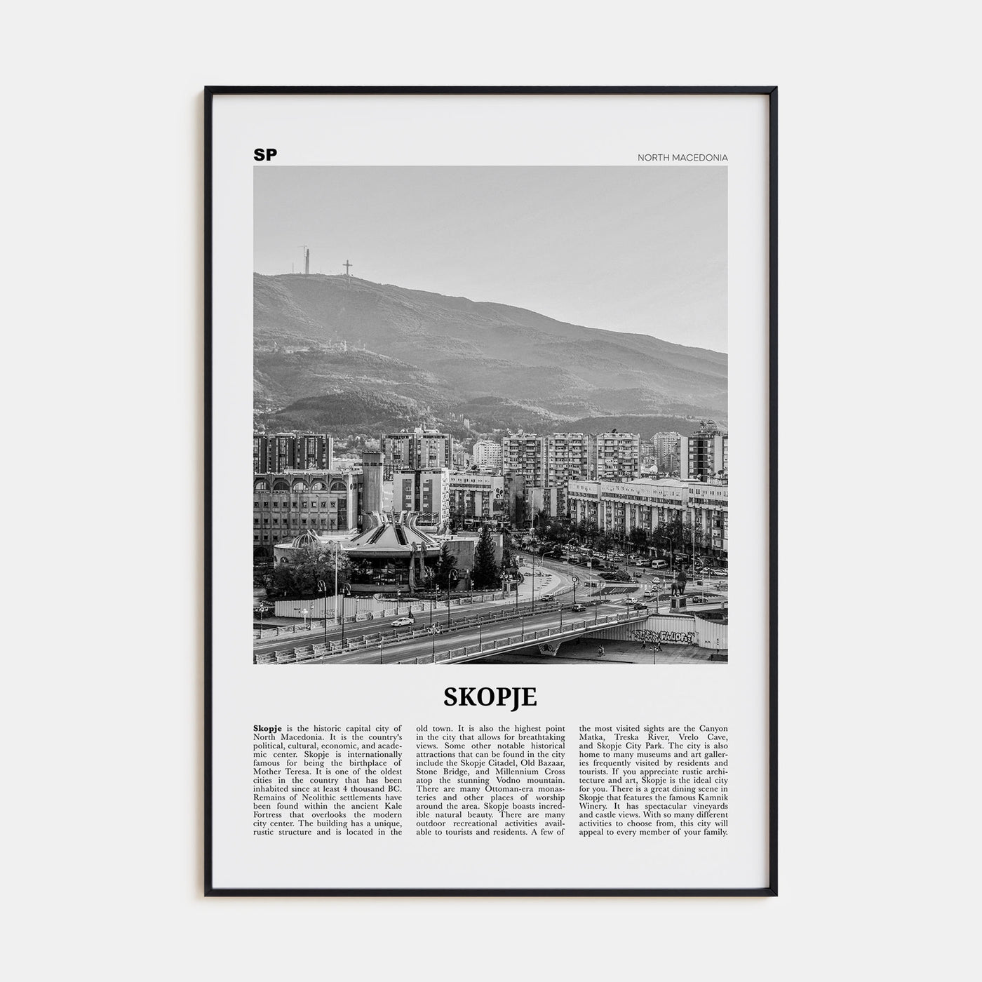 Skopje Travel B&W Poster