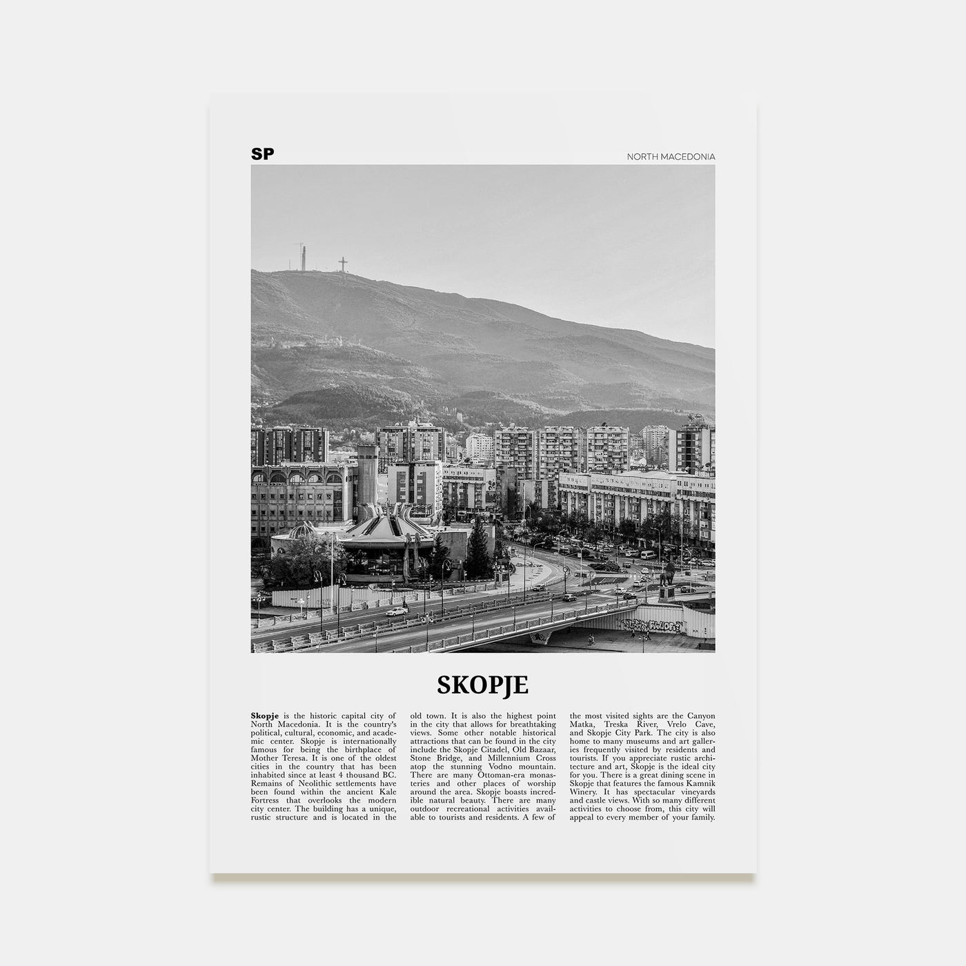 Skopje Travel B&W Poster