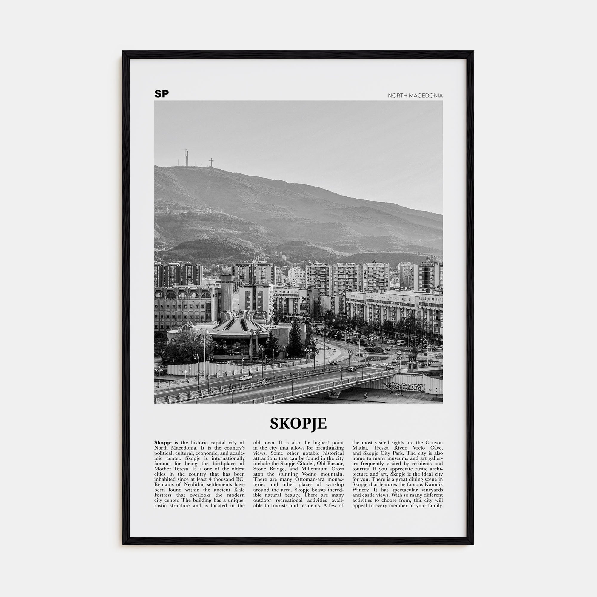 Skopje Travel B&W Poster