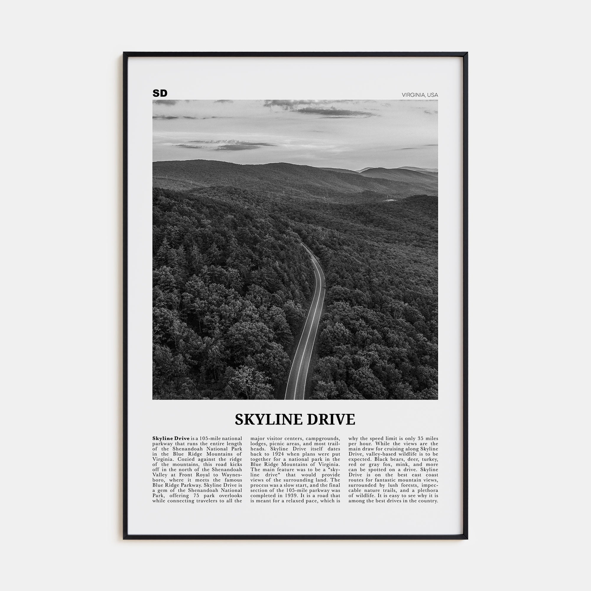 Skyline Drive Travel B&W Poster