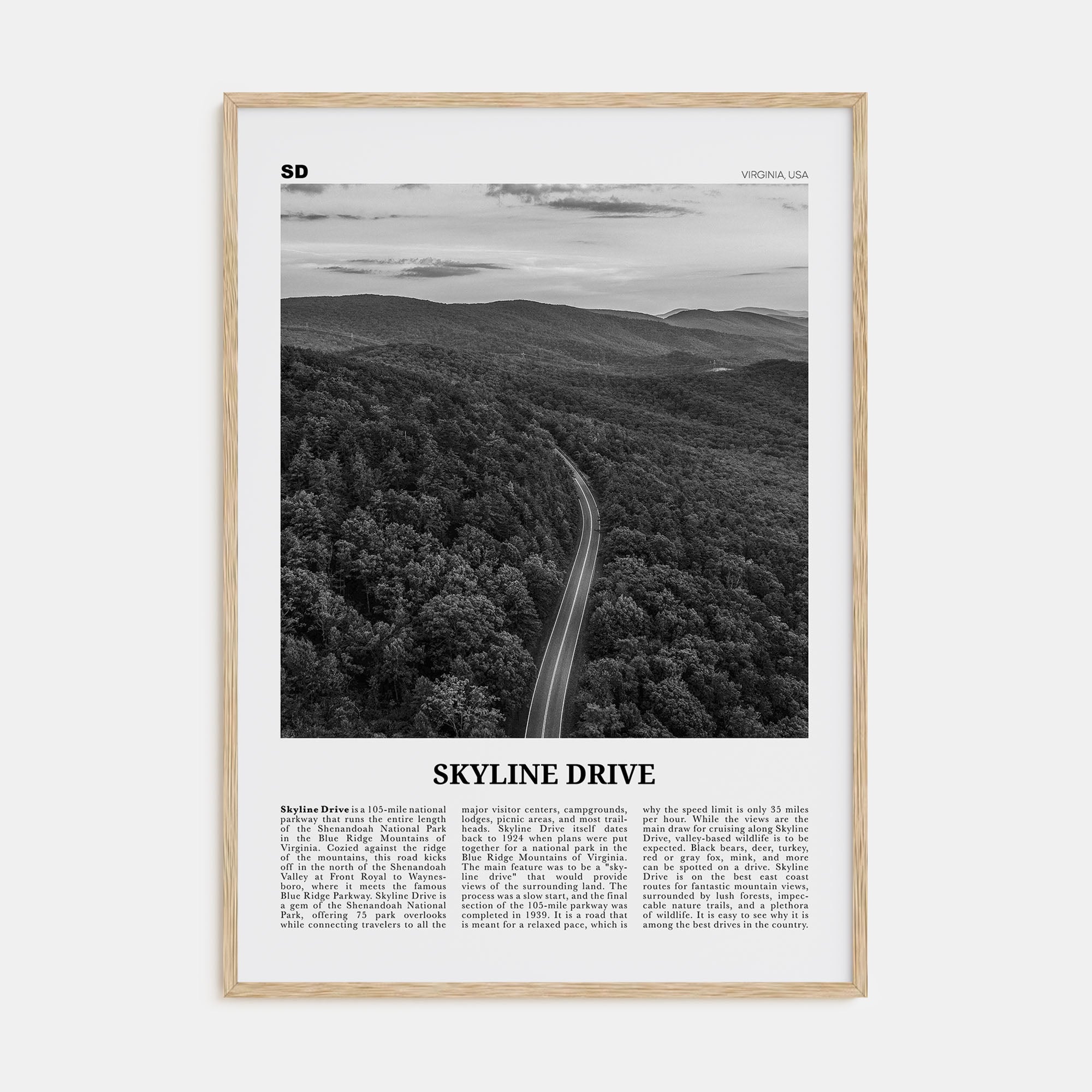 Skyline Drive Travel B&W Poster