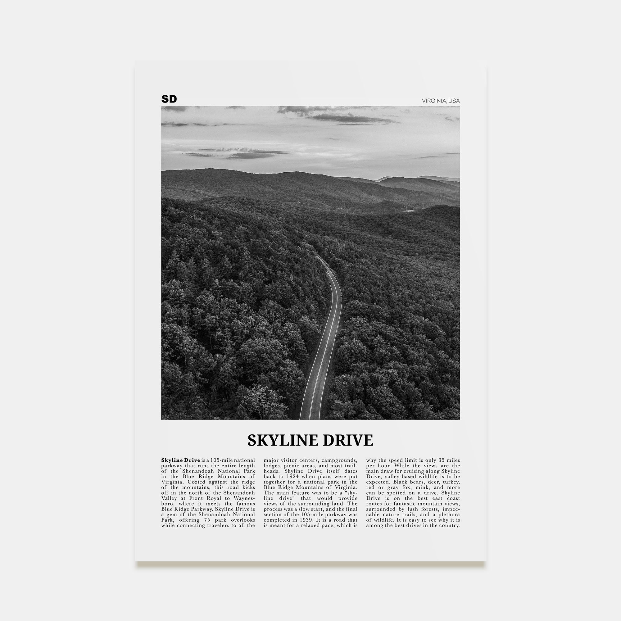 Skyline Drive Travel B&W Poster