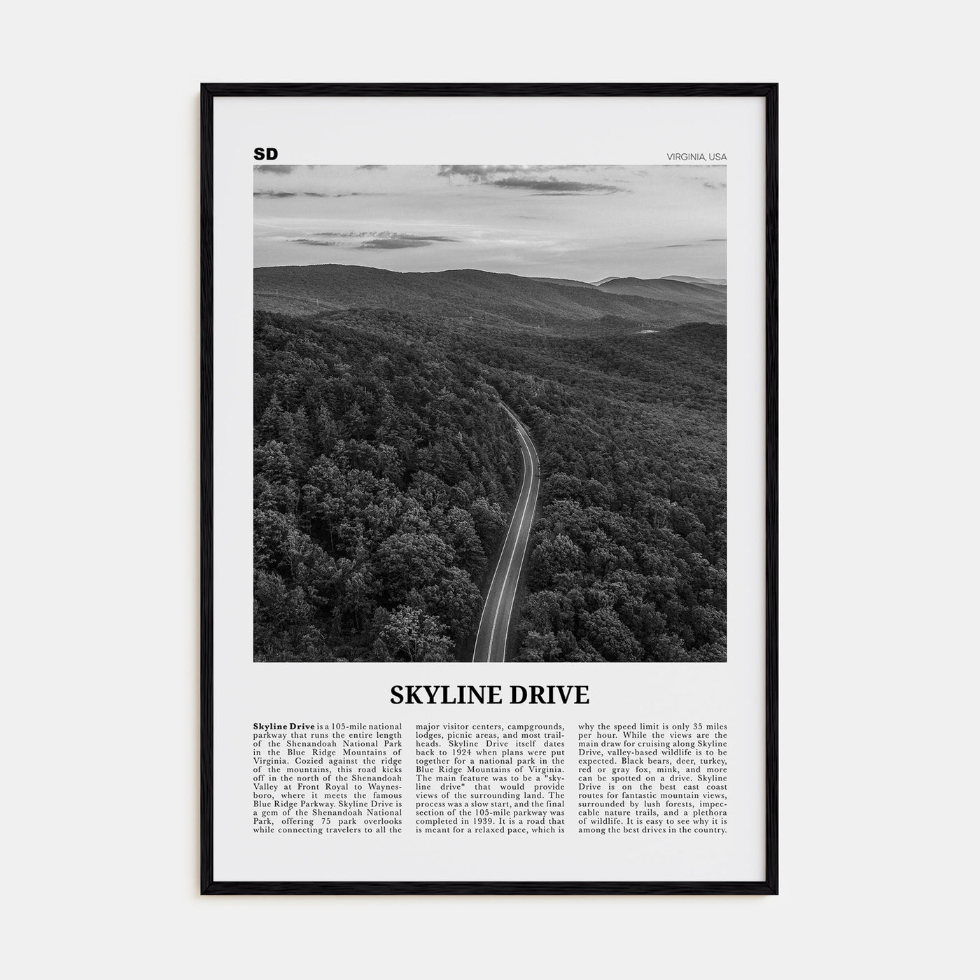 Skyline Drive Travel B&W Poster