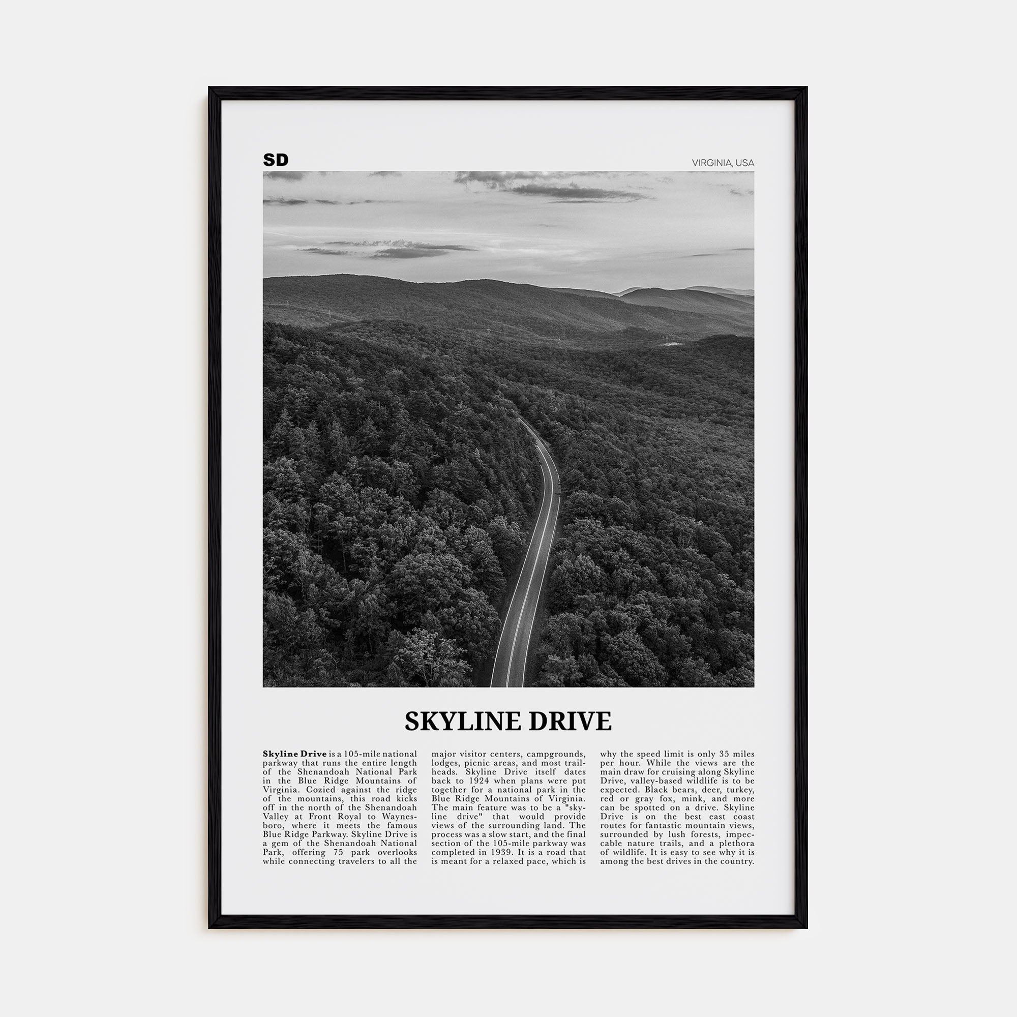 Skyline Drive Travel B&W Poster