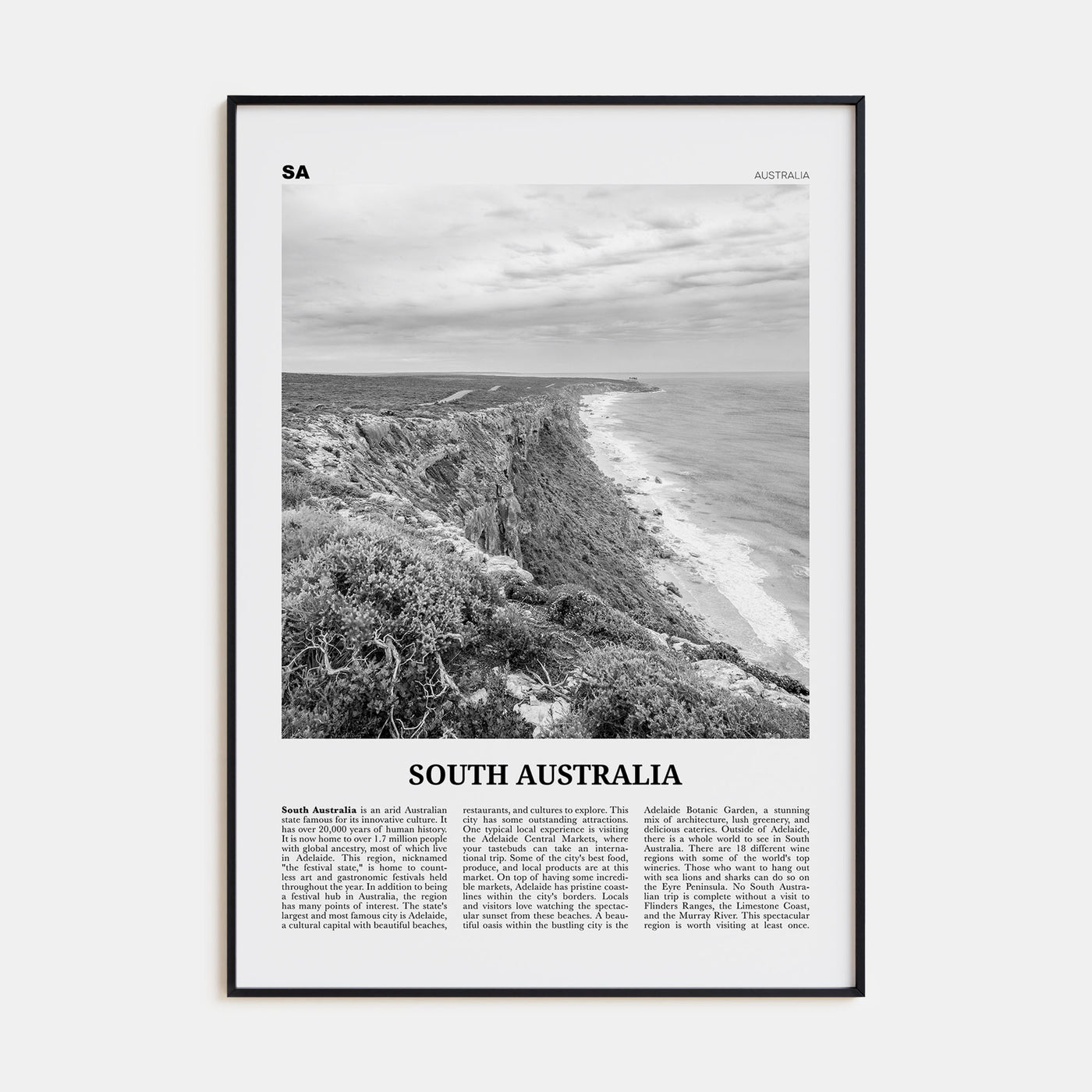 South Australia Travel B&W Poster
