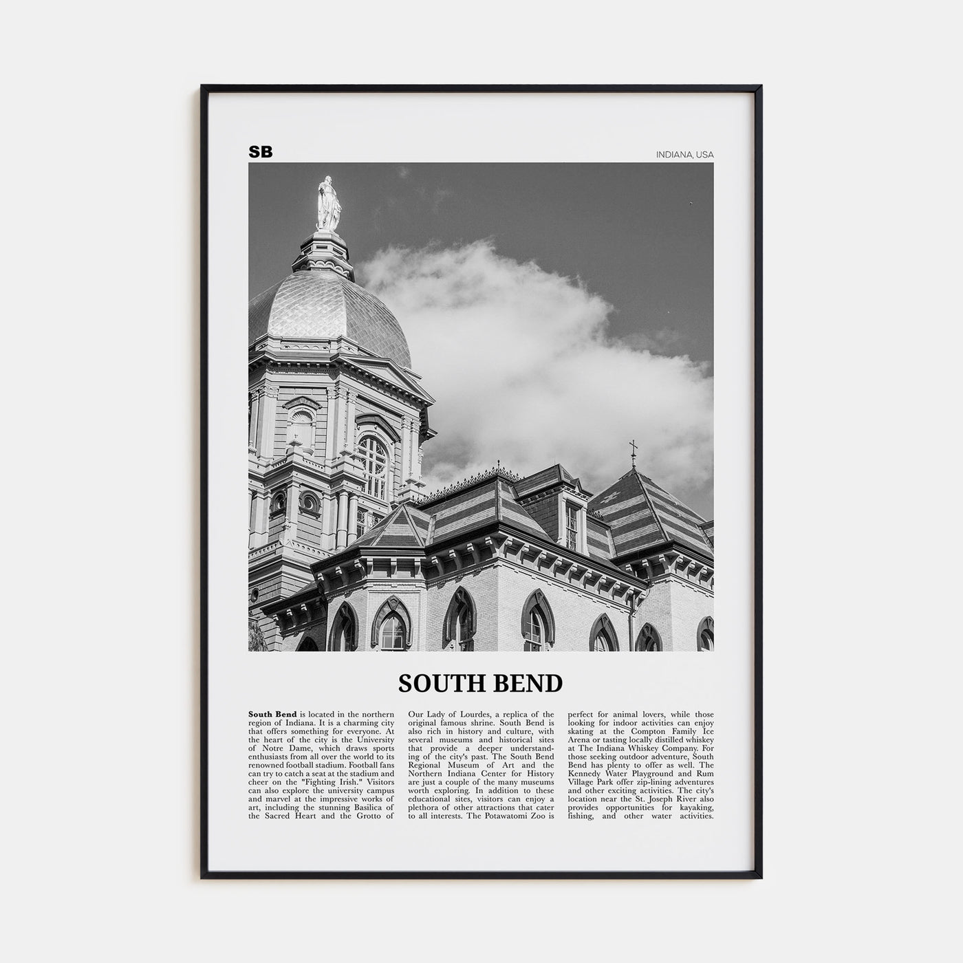South Bend Travel B&W Poster