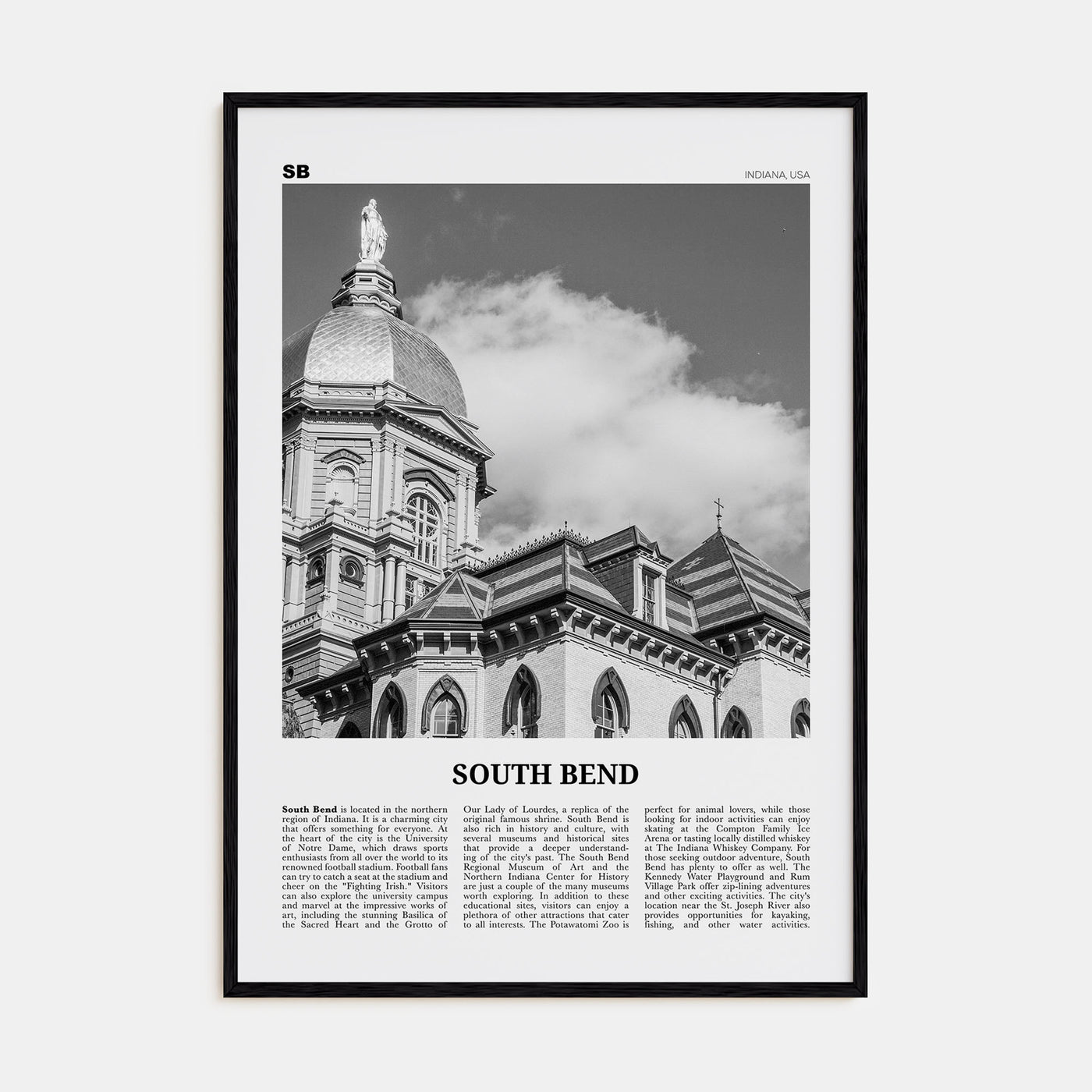 South Bend Travel B&W Poster