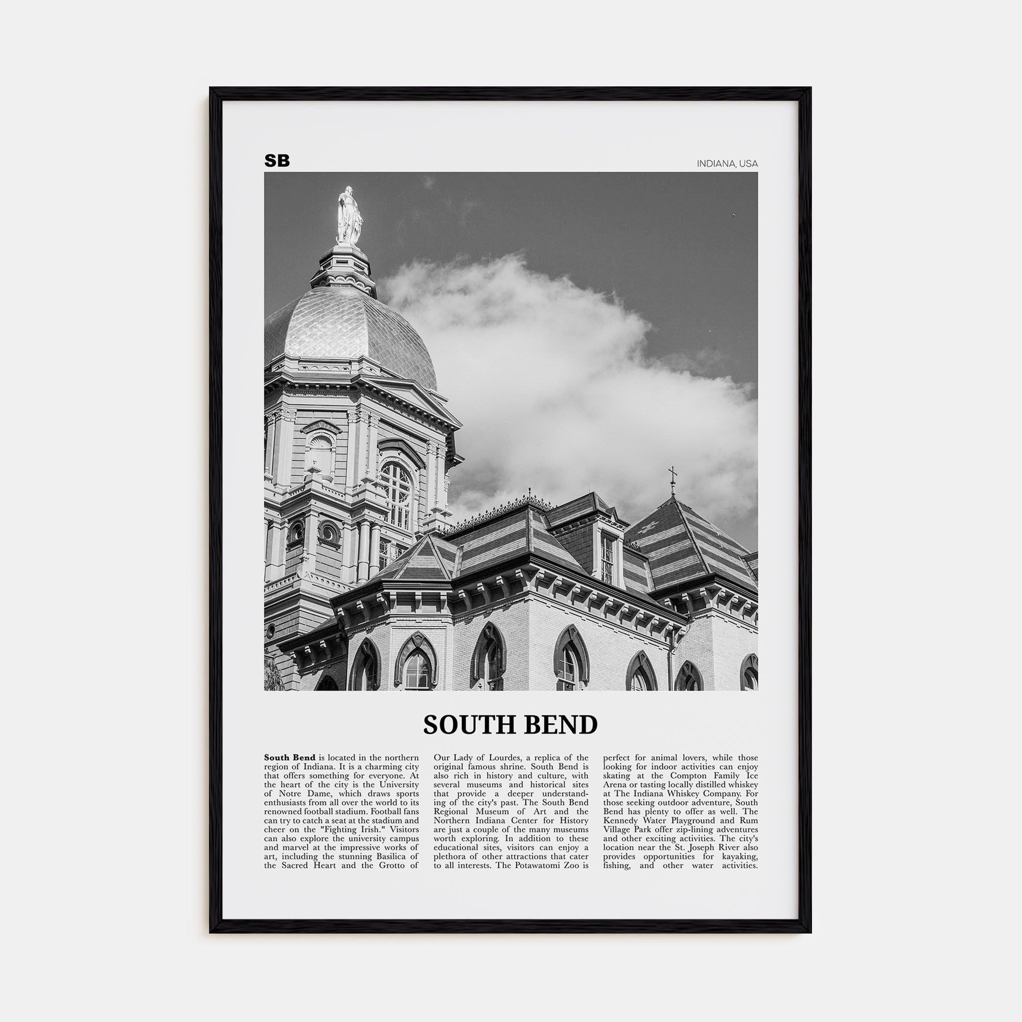 South Bend Travel B&W Poster
