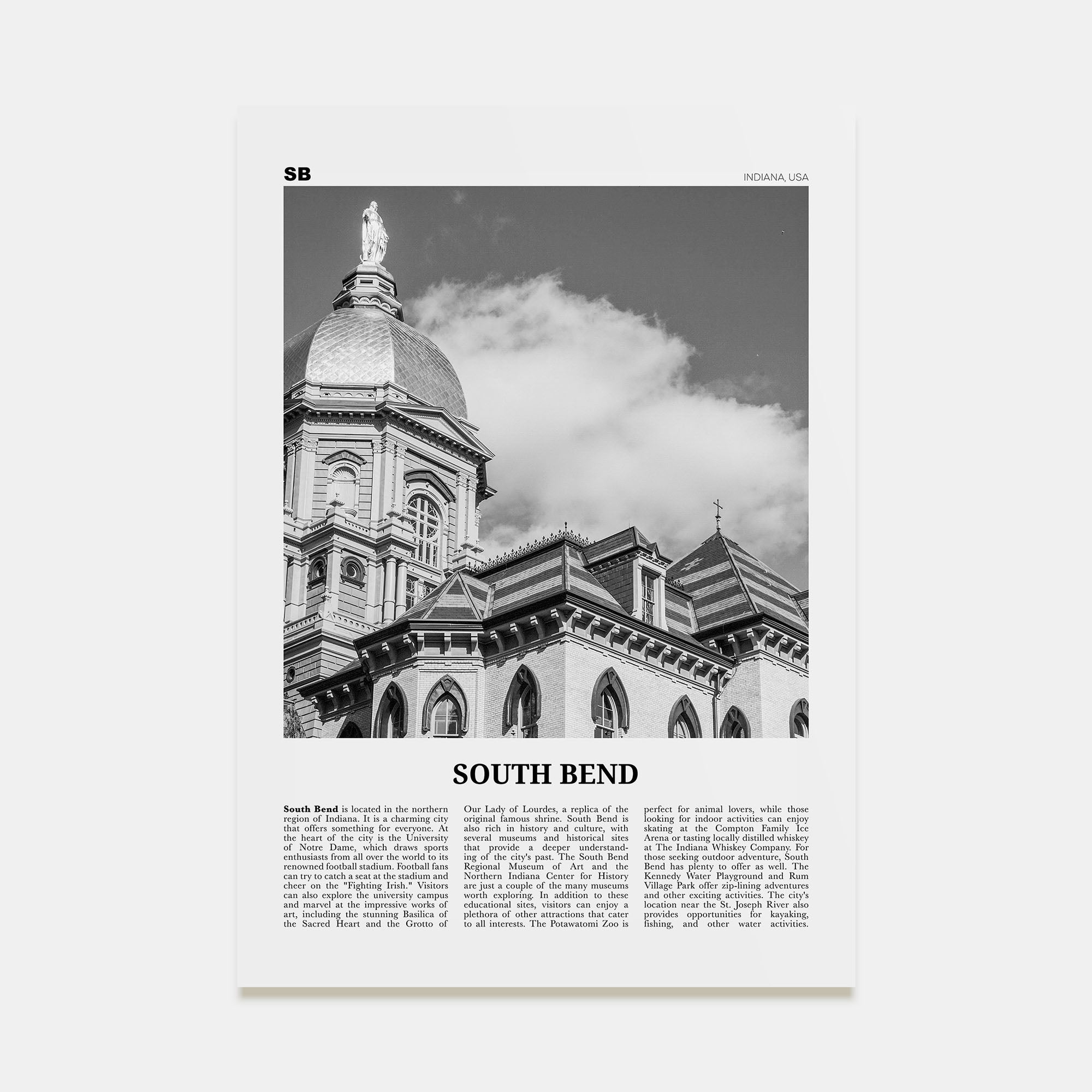 South Bend Travel B&W Poster