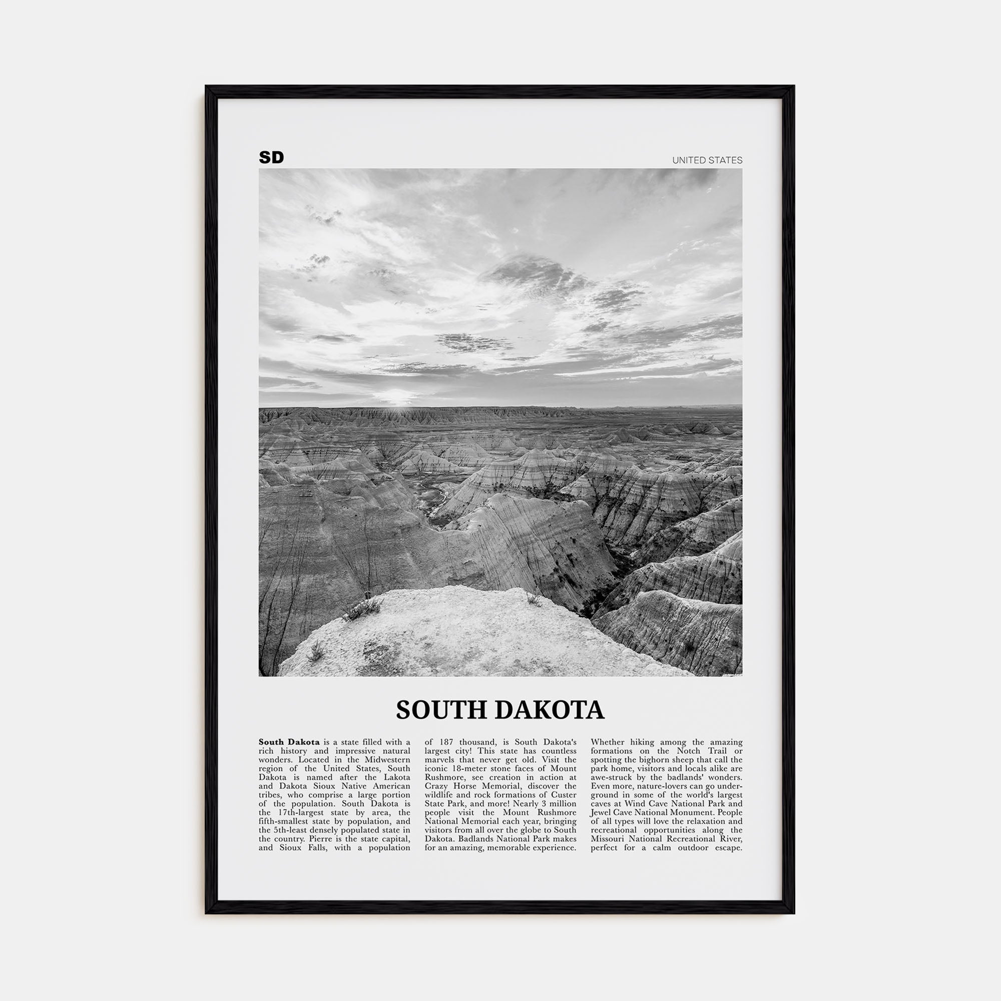 South Dakota Travel B&W No 2 Poster